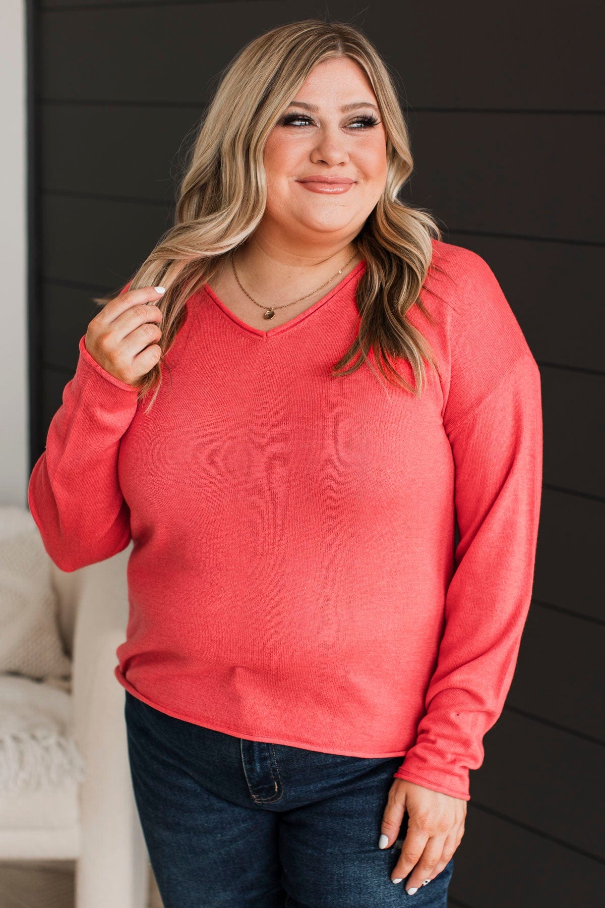 Catching Looks V-Neck Sweater- Coral - Image 4