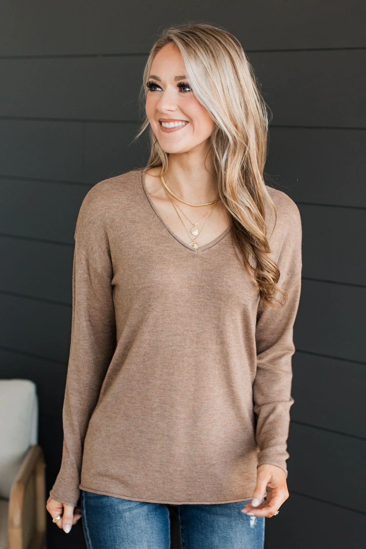 Catching Looks V-Neck Sweater- Mocha - Image 3