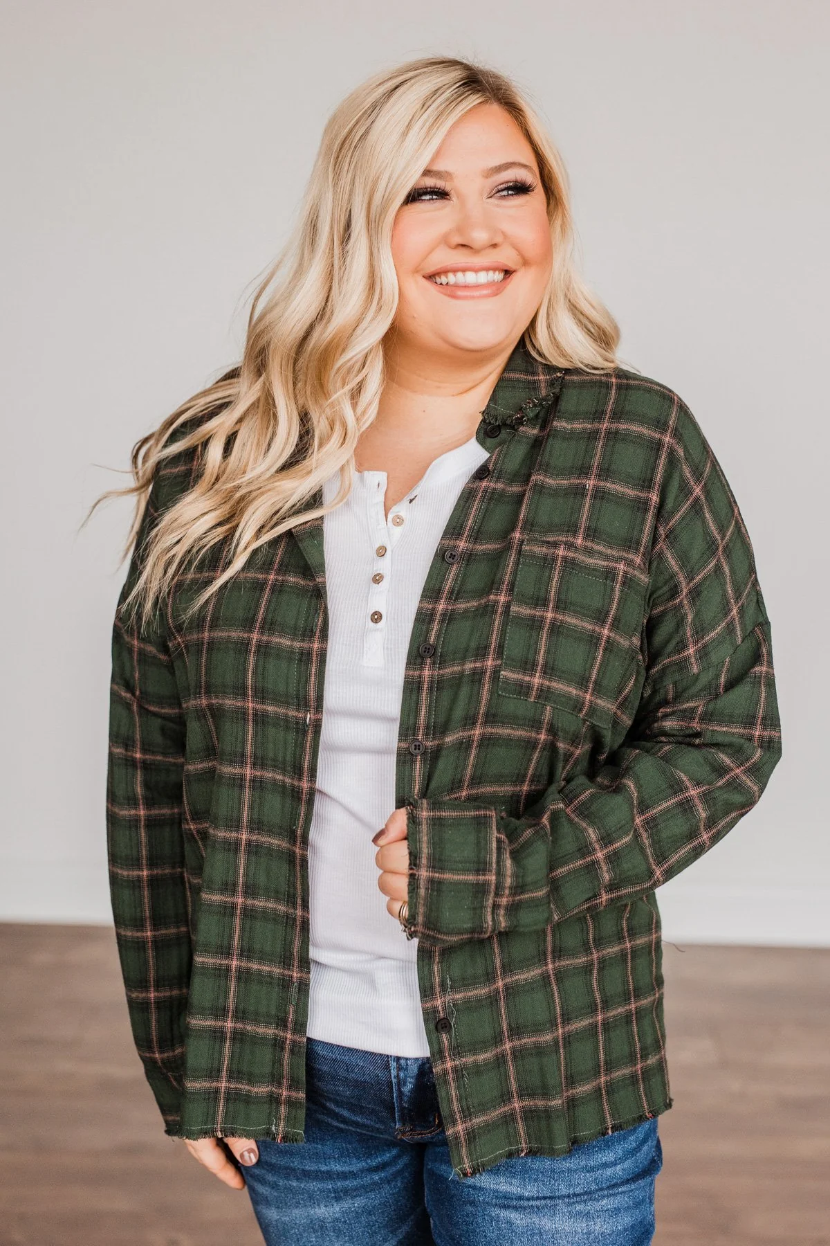 Catching Snowflakes Button Plaid Top- Green - Image 11
