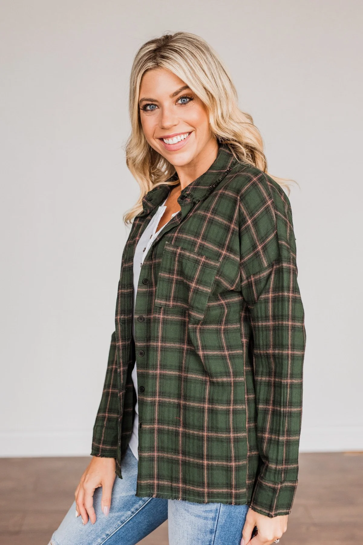 Catching Snowflakes Button Plaid Top- Green - Image 13