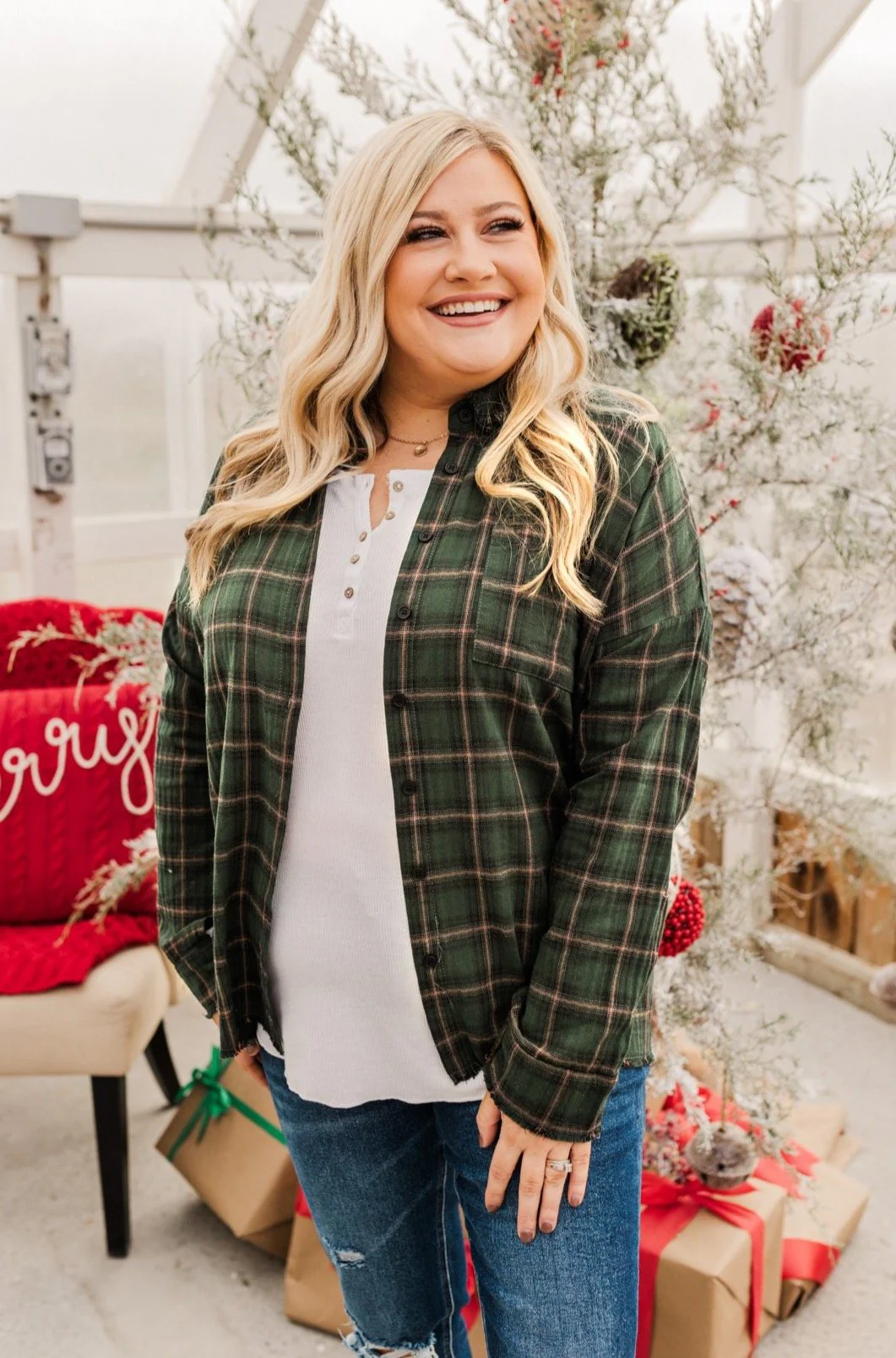 Catching Snowflakes Button Plaid Top- Green - Image 5