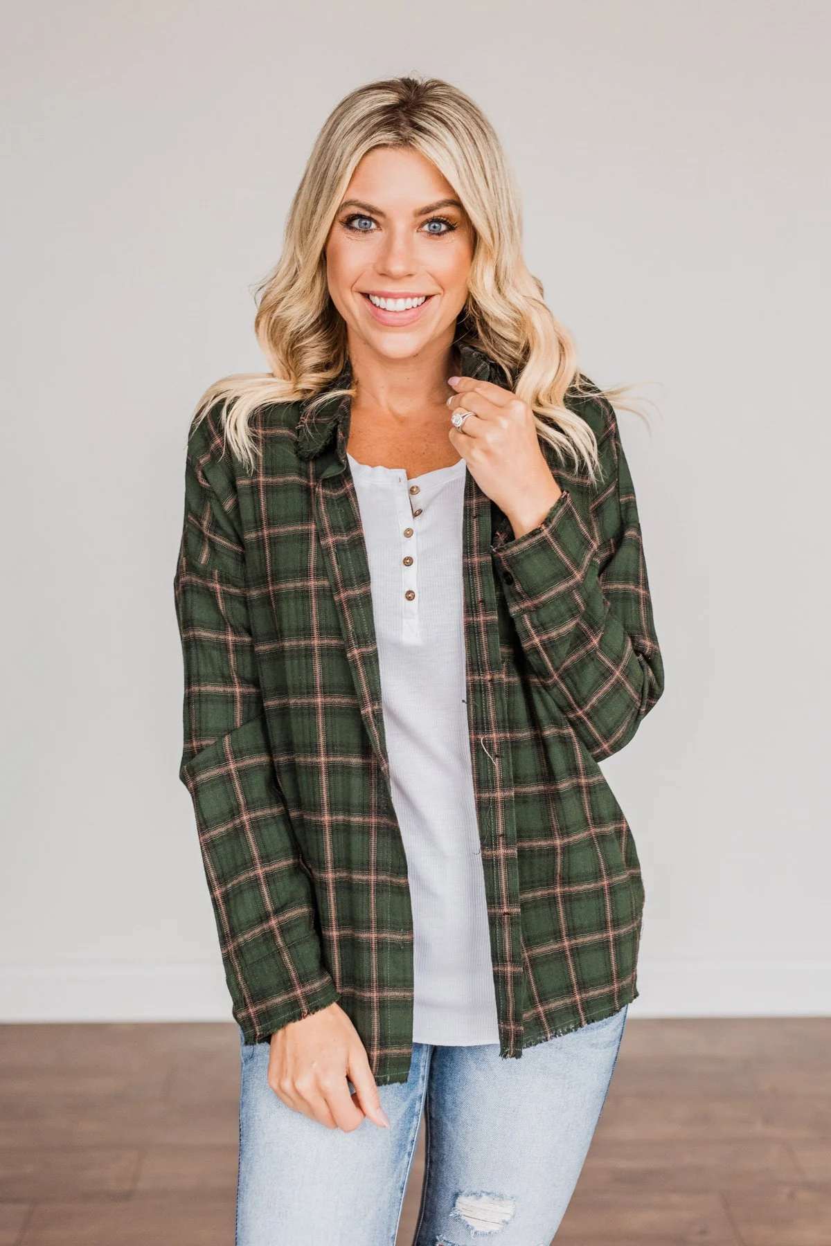 Catching Snowflakes Button Plaid Top- Green - Image 7