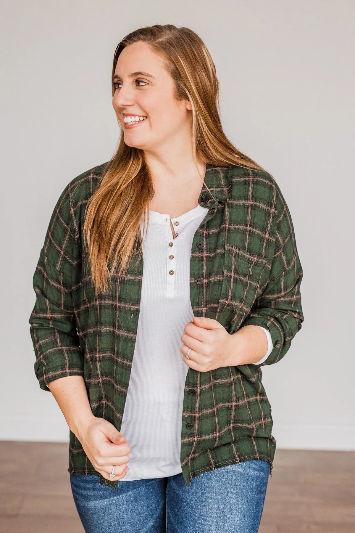 Catching Snowflakes Button Plaid Top- Green - Image 9
