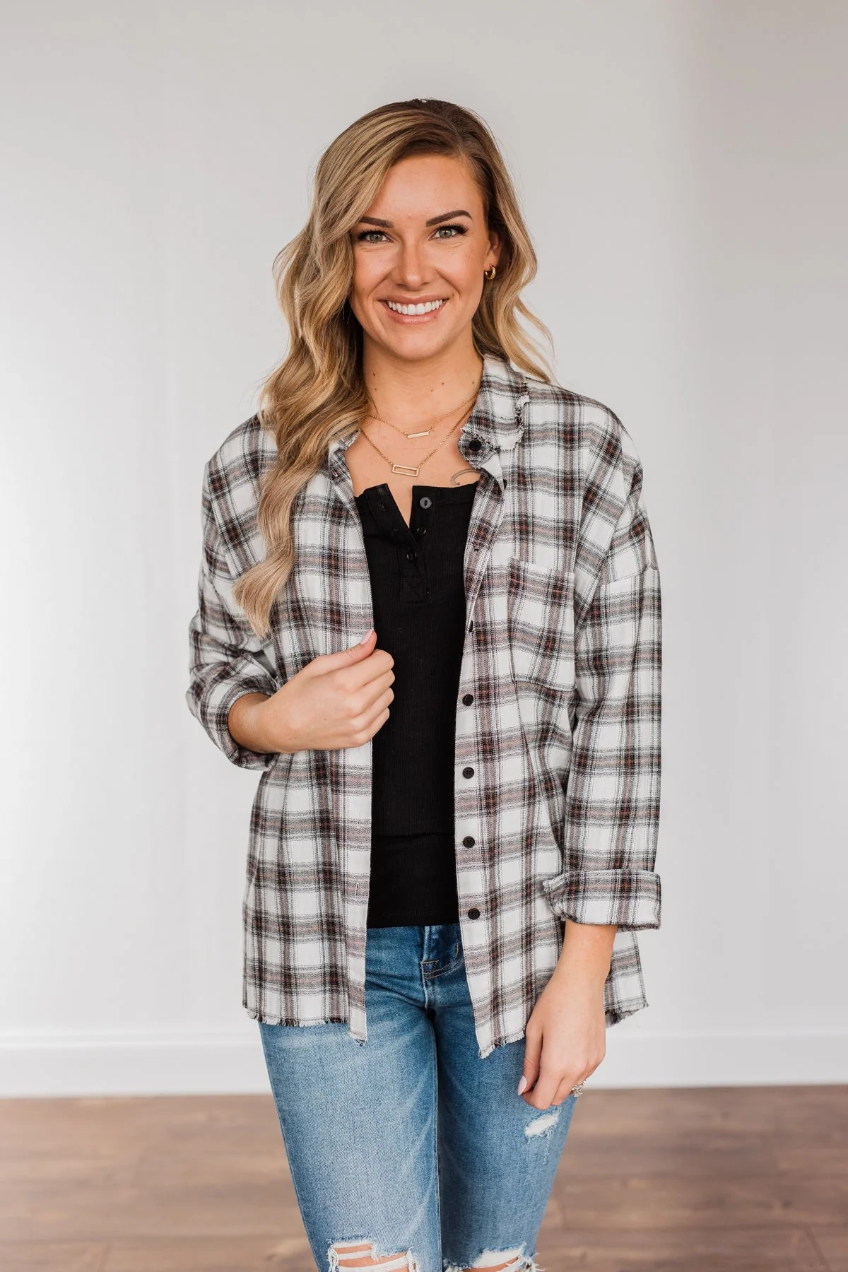 Catching Snowflakes Button Plaid Top- Ivory - Image 11