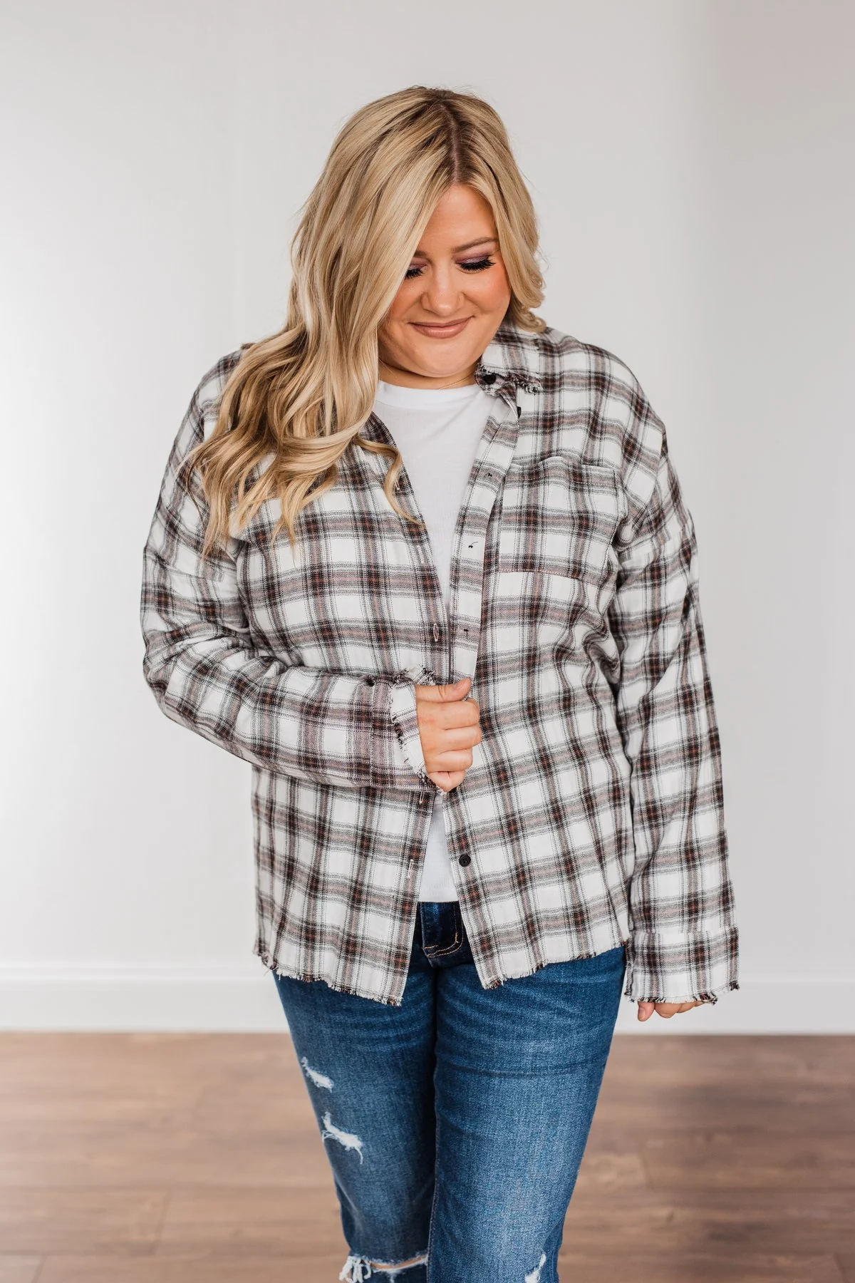 Catching Snowflakes Button Plaid Top- Ivory - Image 12