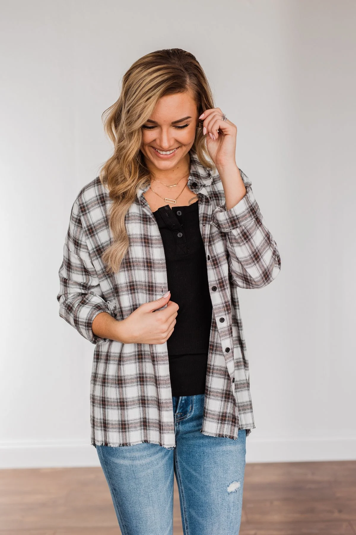 Catching Snowflakes Button Plaid Top- Ivory - Image 15