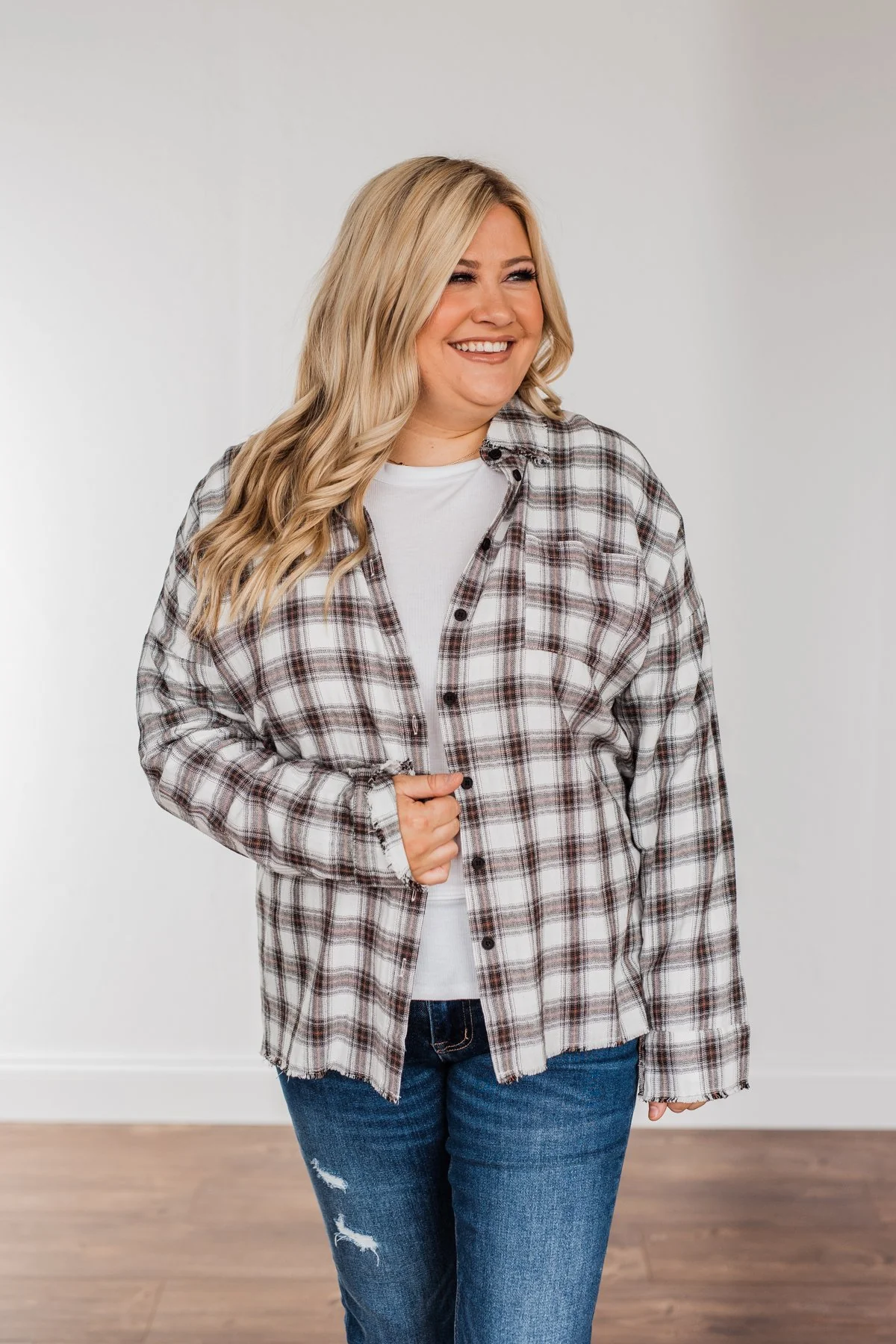 Catching Snowflakes Button Plaid Top- Ivory - Image 16