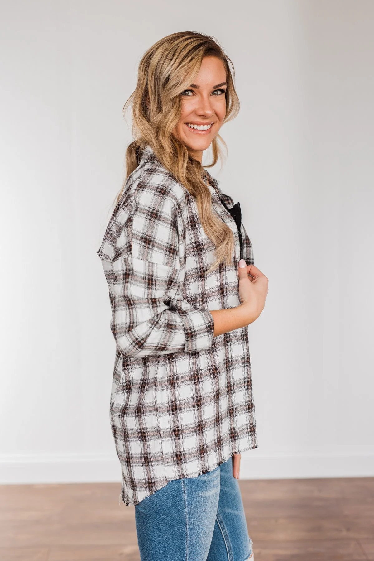 Catching Snowflakes Button Plaid Top- Ivory - Image 19