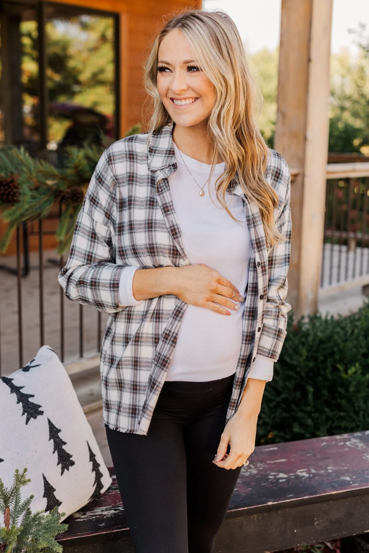 Catching Snowflakes Button Plaid Top- Ivory - Image 5
