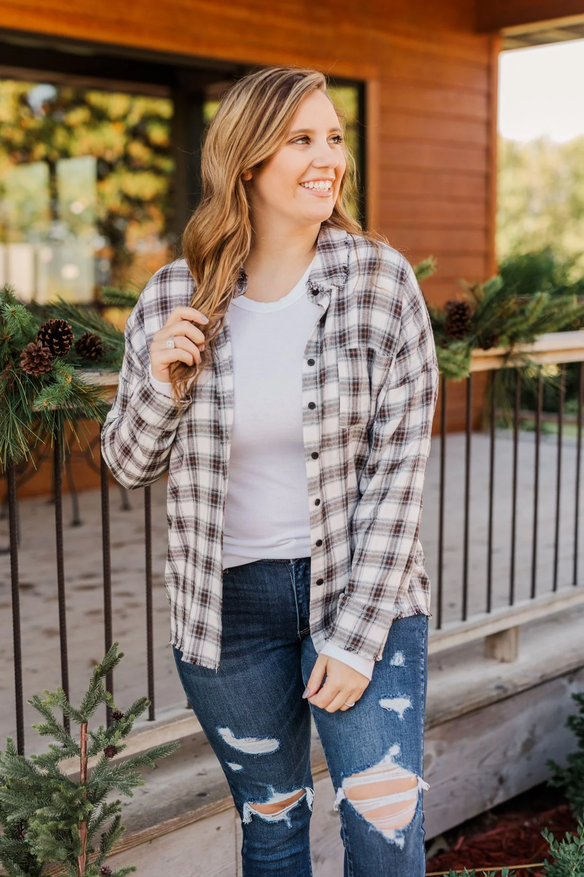 Catching Snowflakes Button Plaid Top- Ivory - Image 6