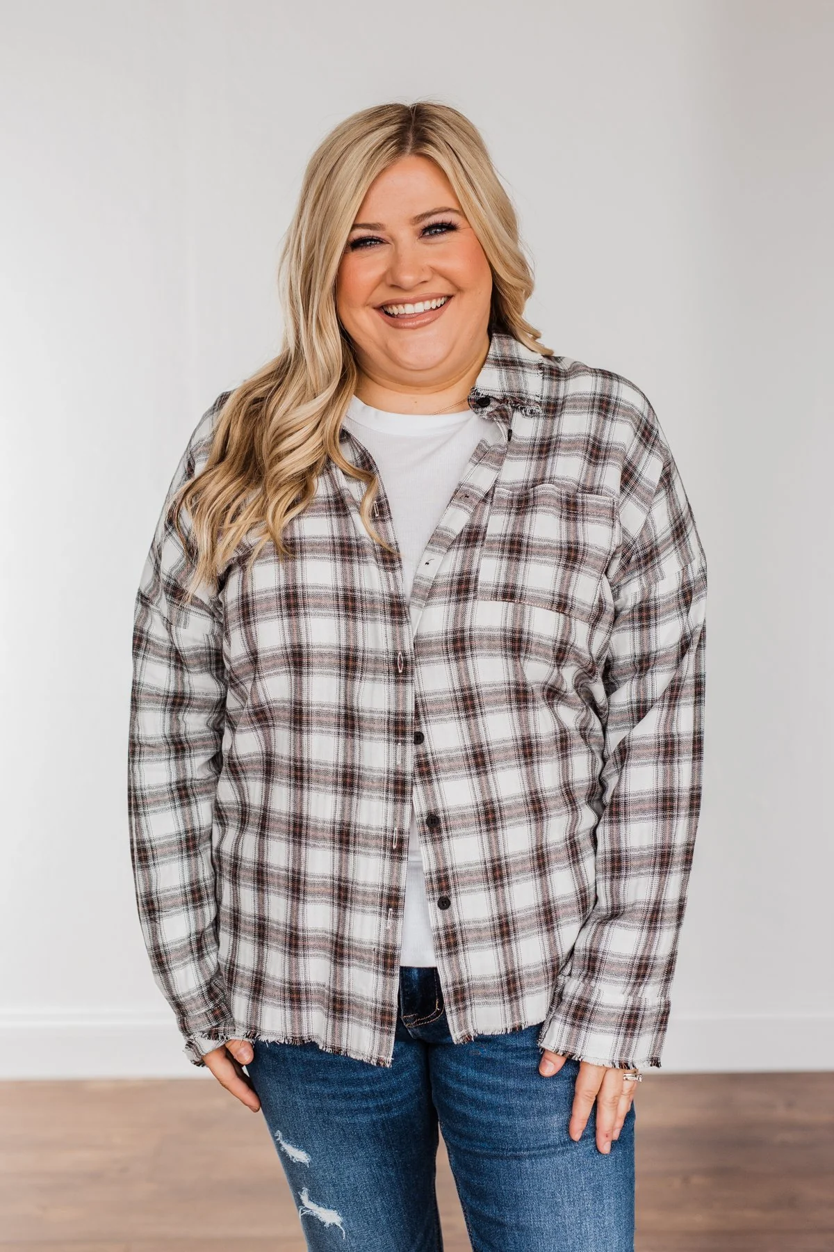 Catching Snowflakes Button Plaid Top- Ivory - Image 8