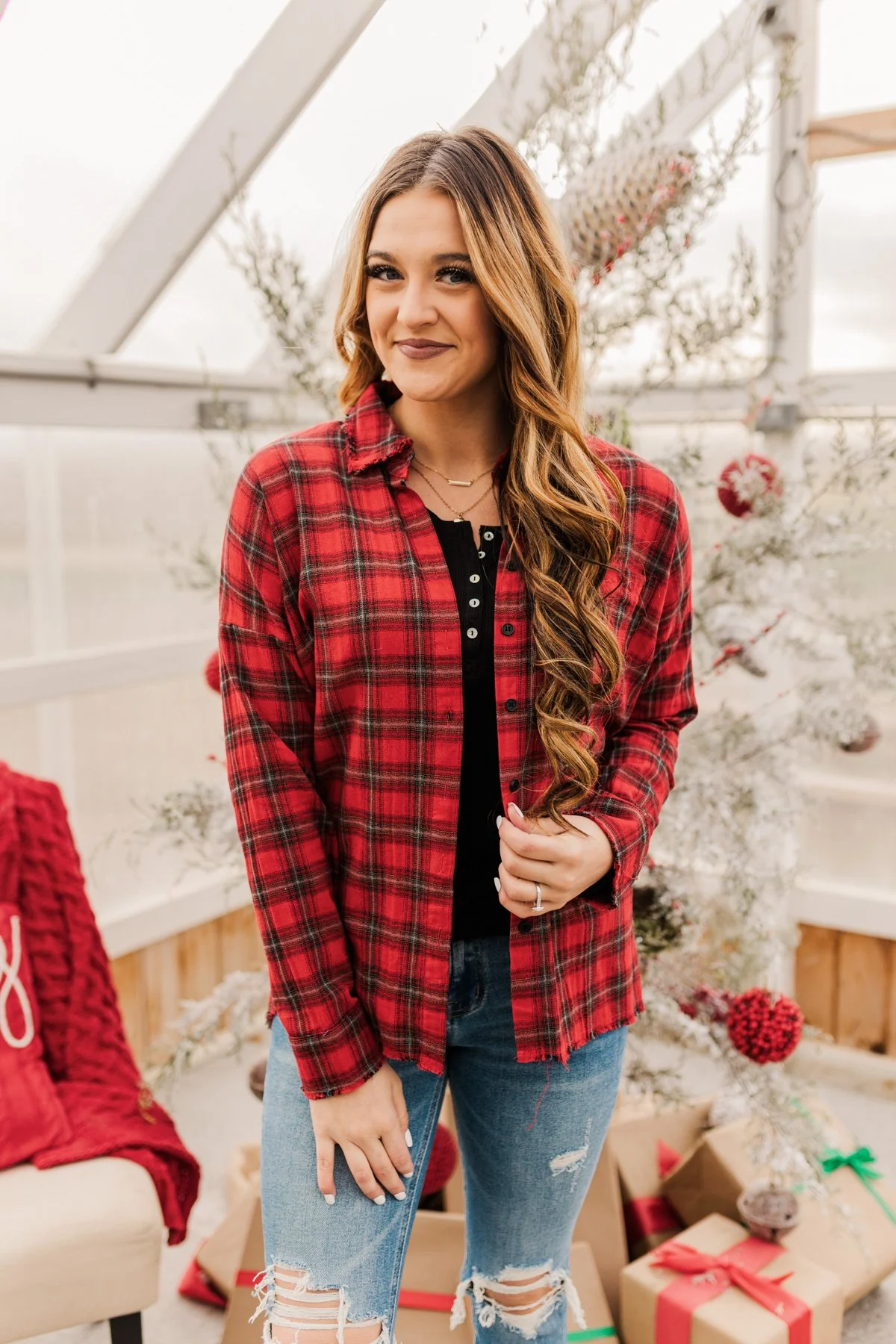 Catching Snowflakes Button Plaid Top- Red - Image 5