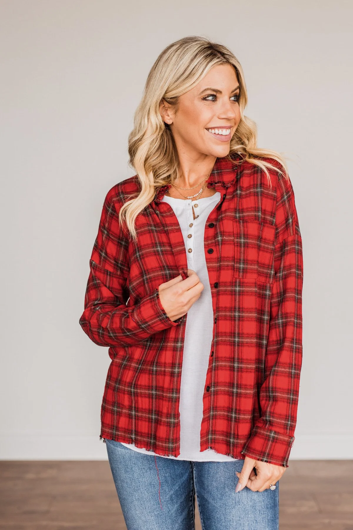 Catching Snowflakes Button Plaid Top- Red - Image 8