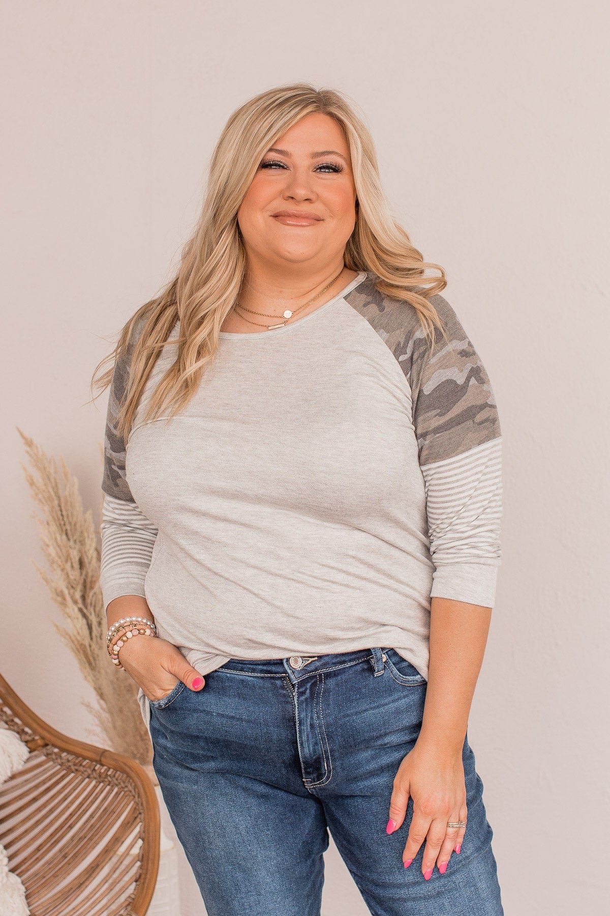 Catching Vibes Striped Camo Top- Gray - Image 3