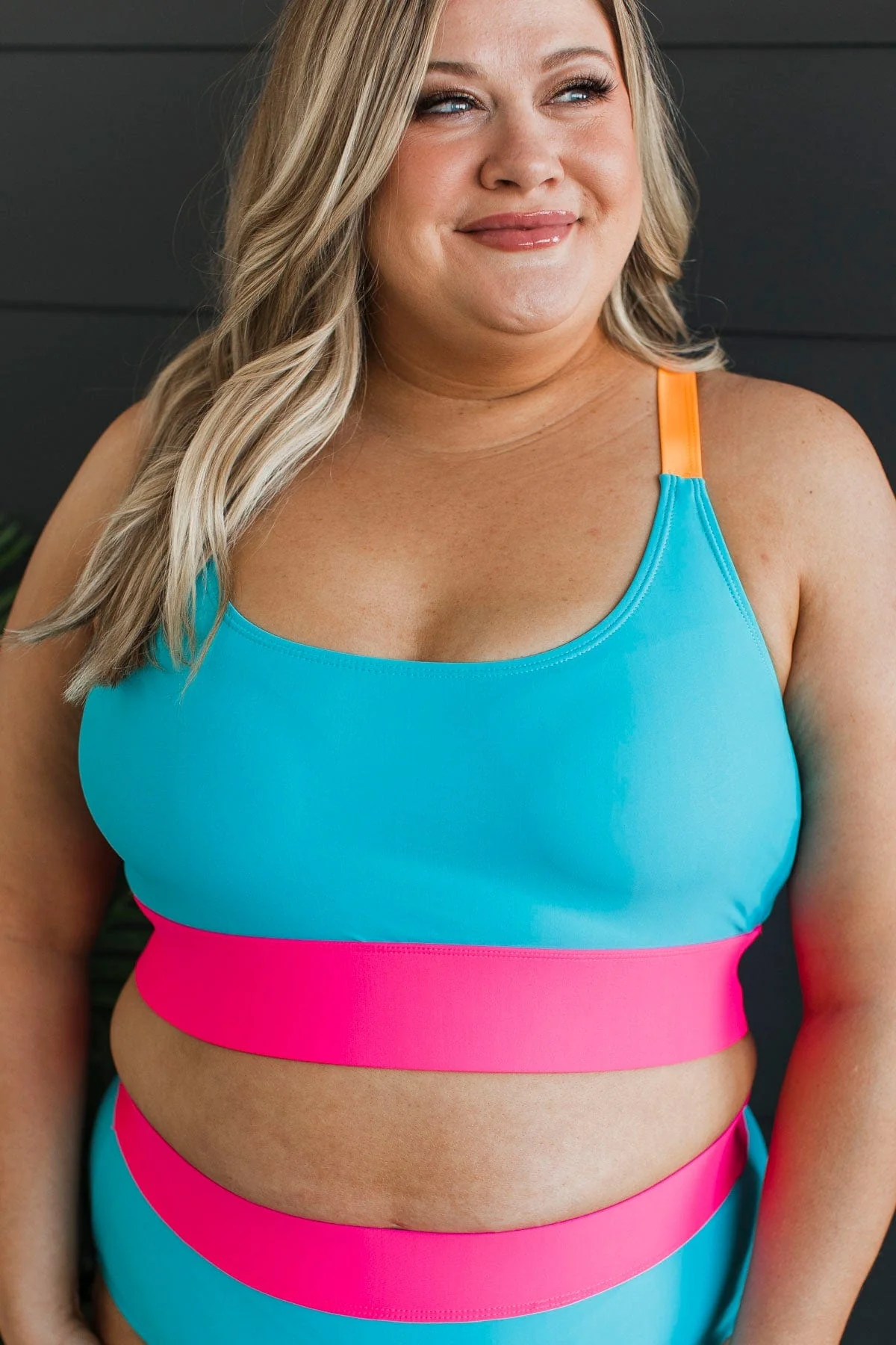 Catching Waves Bikini Swim Top- Blue, Bright Pink, & Orange - Image 3