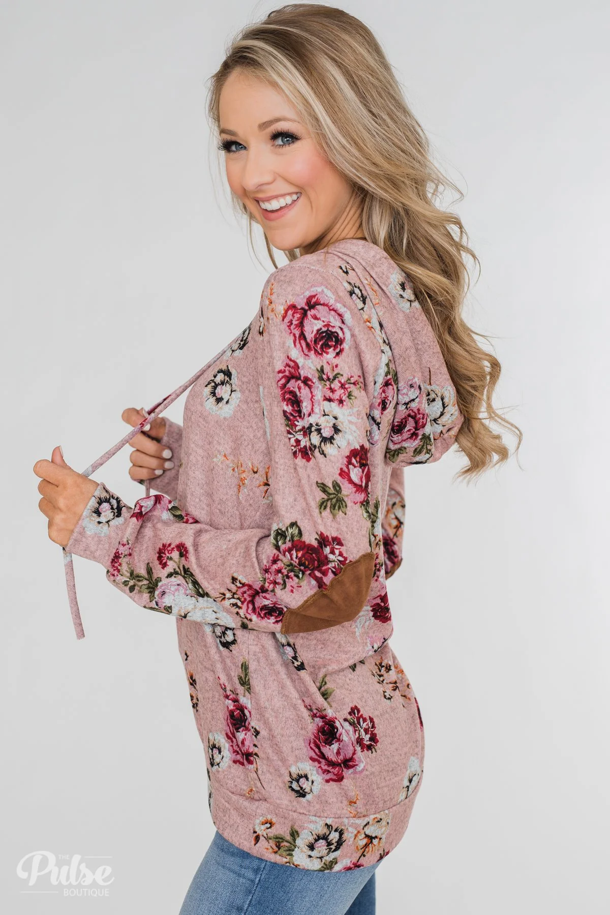 Catching Your Eye Floral Elbow Patch Hoodie- Pink - Image 4