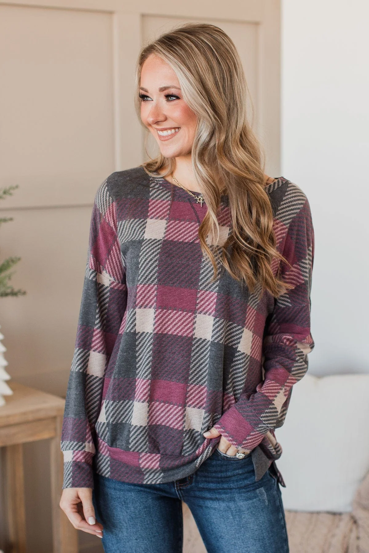 Caught By Surprise Plaid Knit Top- Charcoal - Image 2