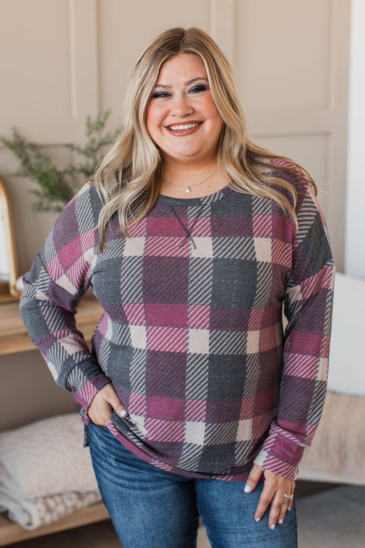 Caught By Surprise Plaid Knit Top- Charcoal - Image 3