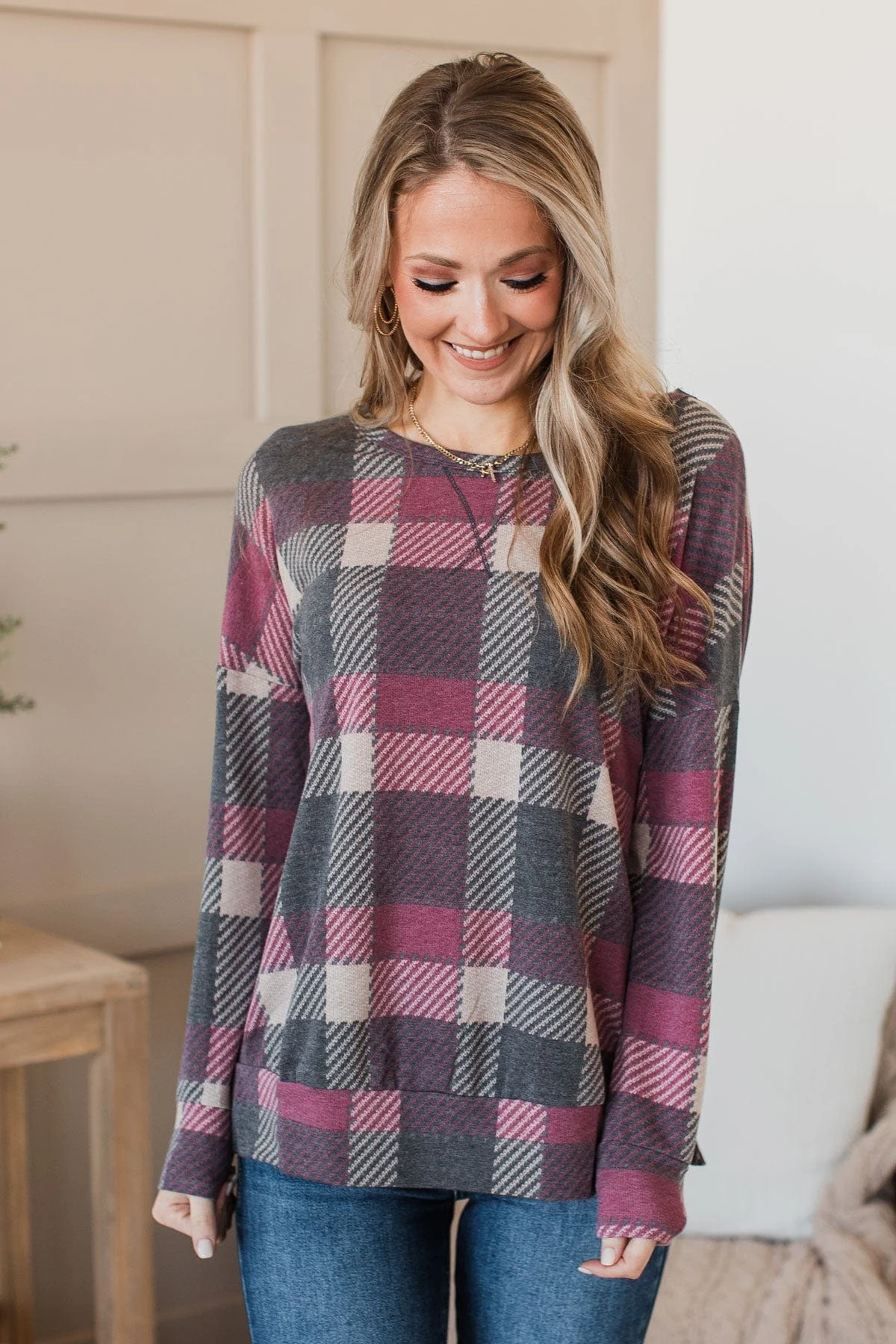 Caught By Surprise Plaid Knit Top- Charcoal - Image 4