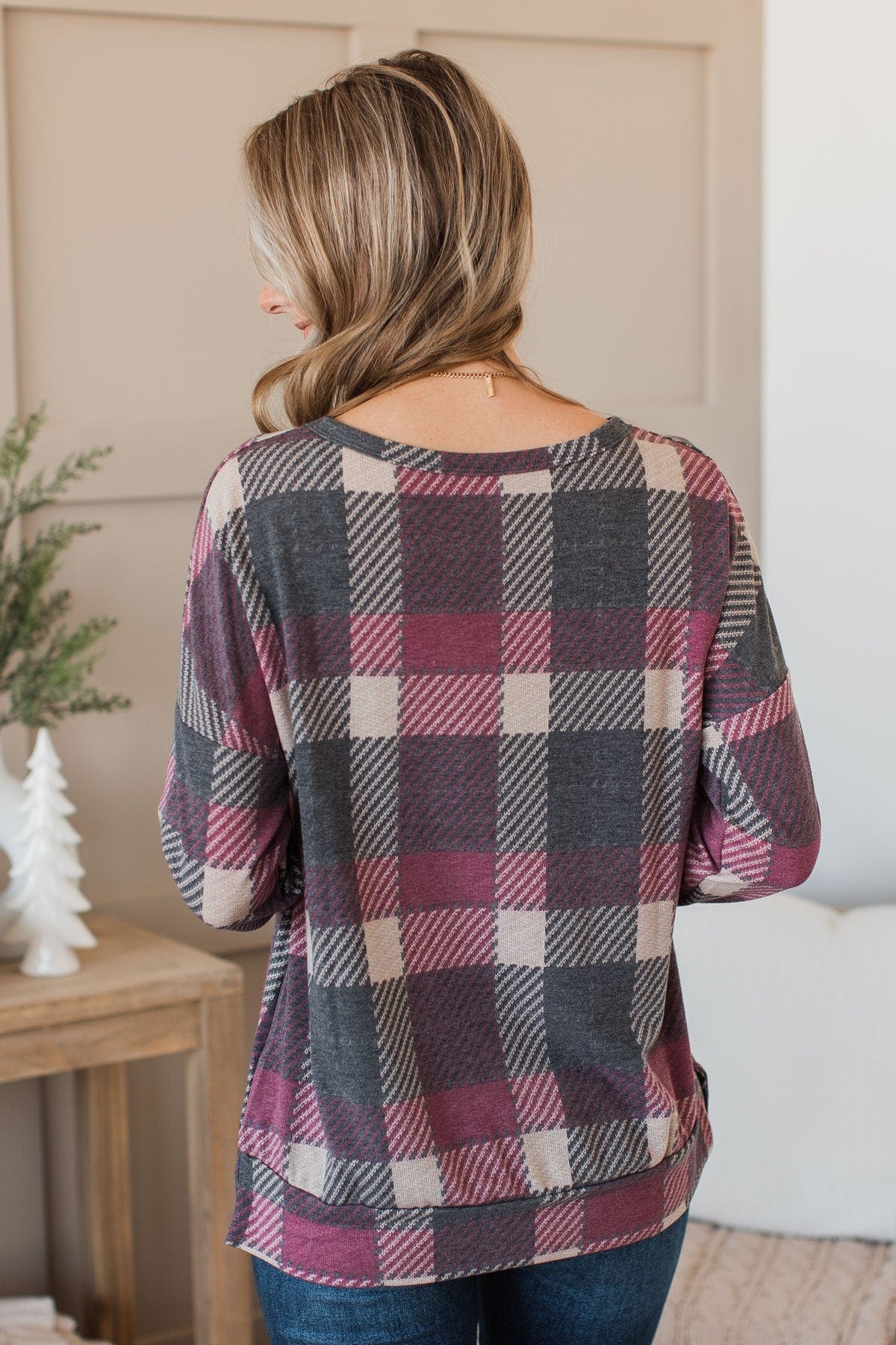 Caught By Surprise Plaid Knit Top- Charcoal - Image 8
