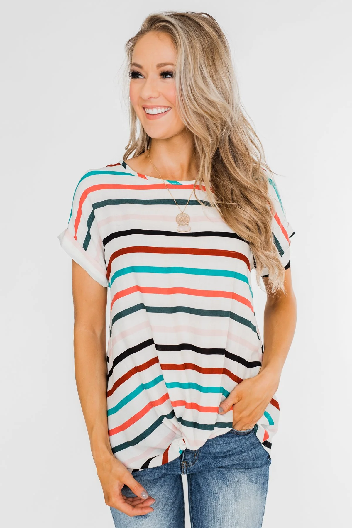 Caught Me Happy Striped Knot Top- Multi-Colored - Image 5