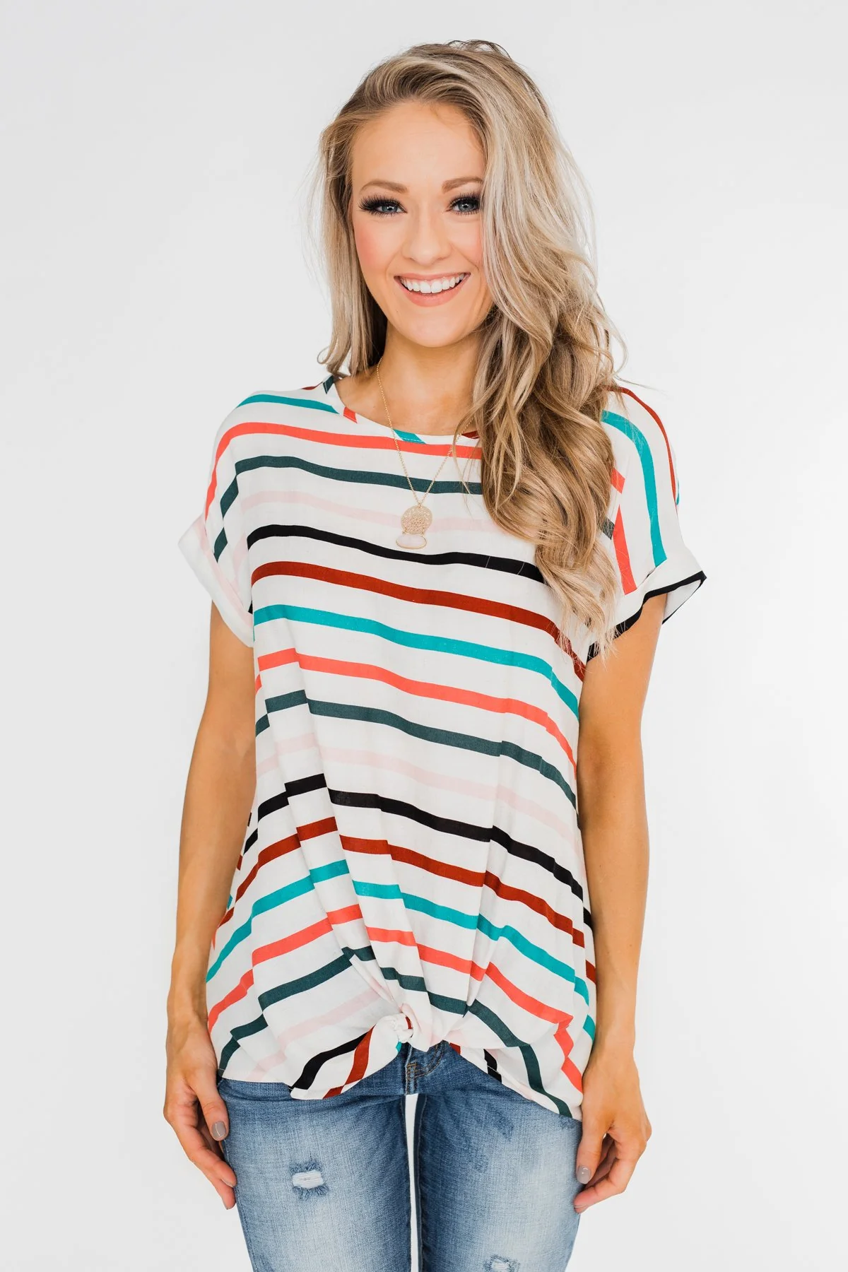 Caught Me Happy Striped Knot Top- Multi-Colored - Image 9