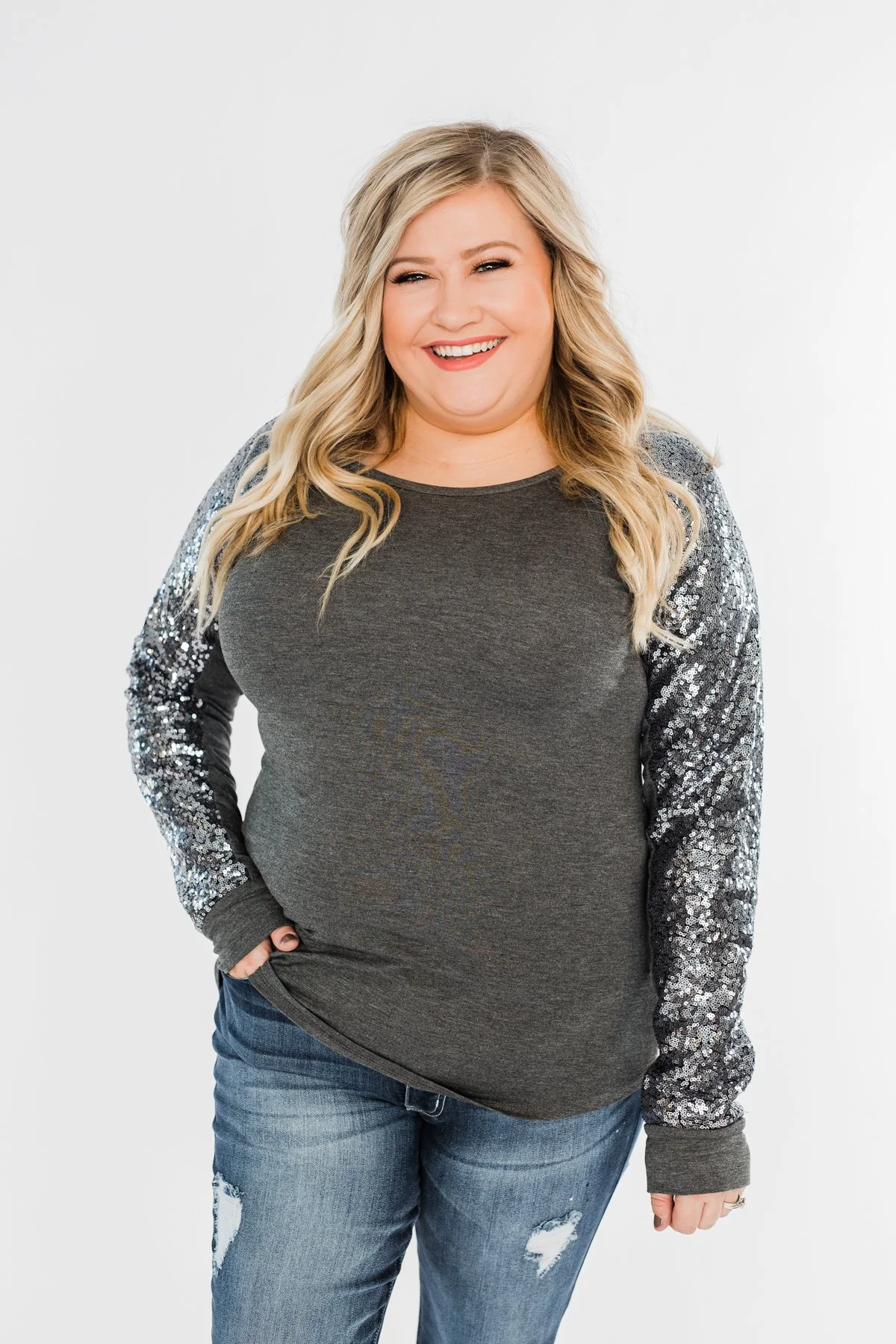 Caught My Eye Sequin Top- Charcoal - Image 2