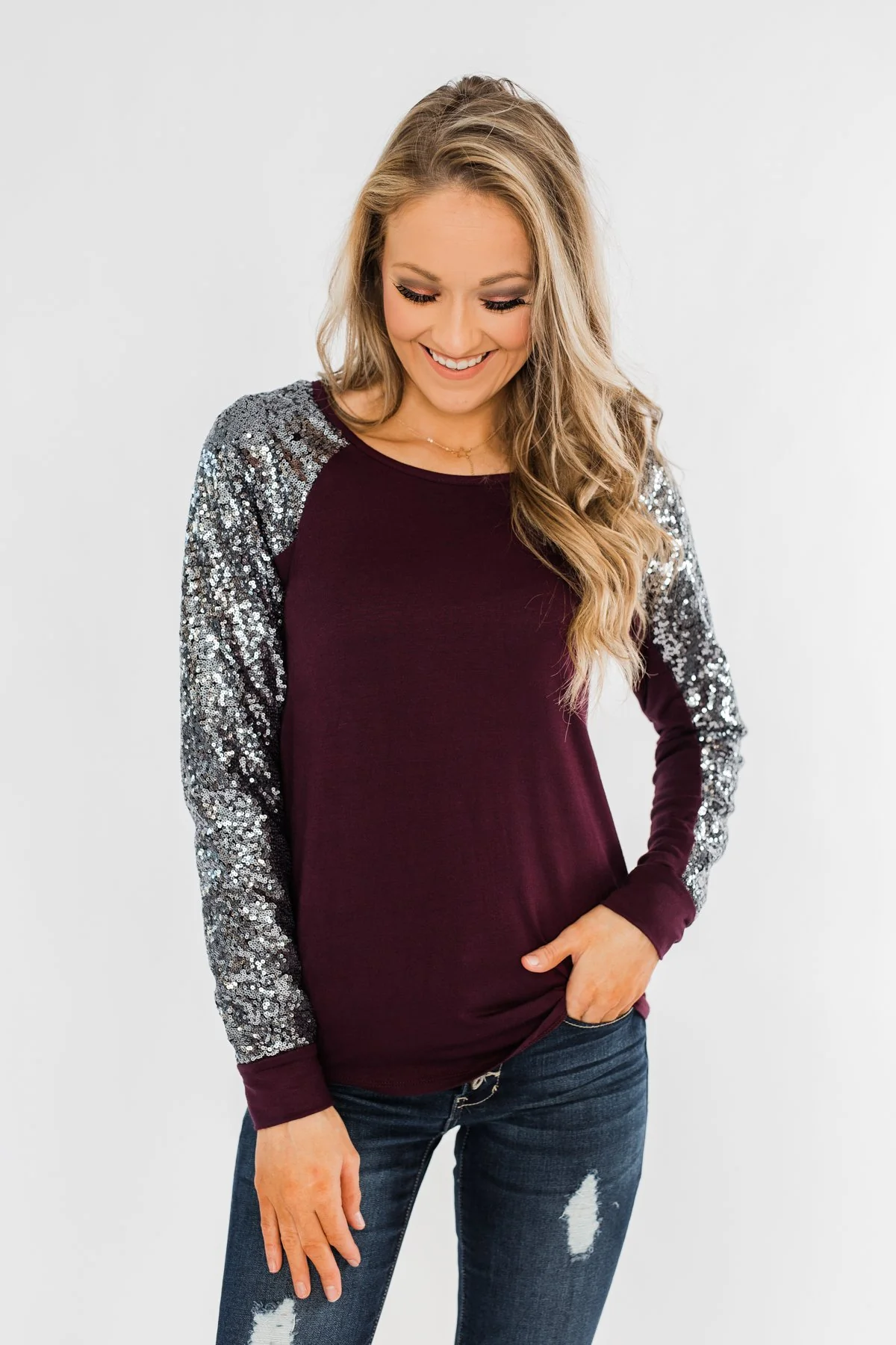 Caught My Eye Sequin Top- Plum - Image 4