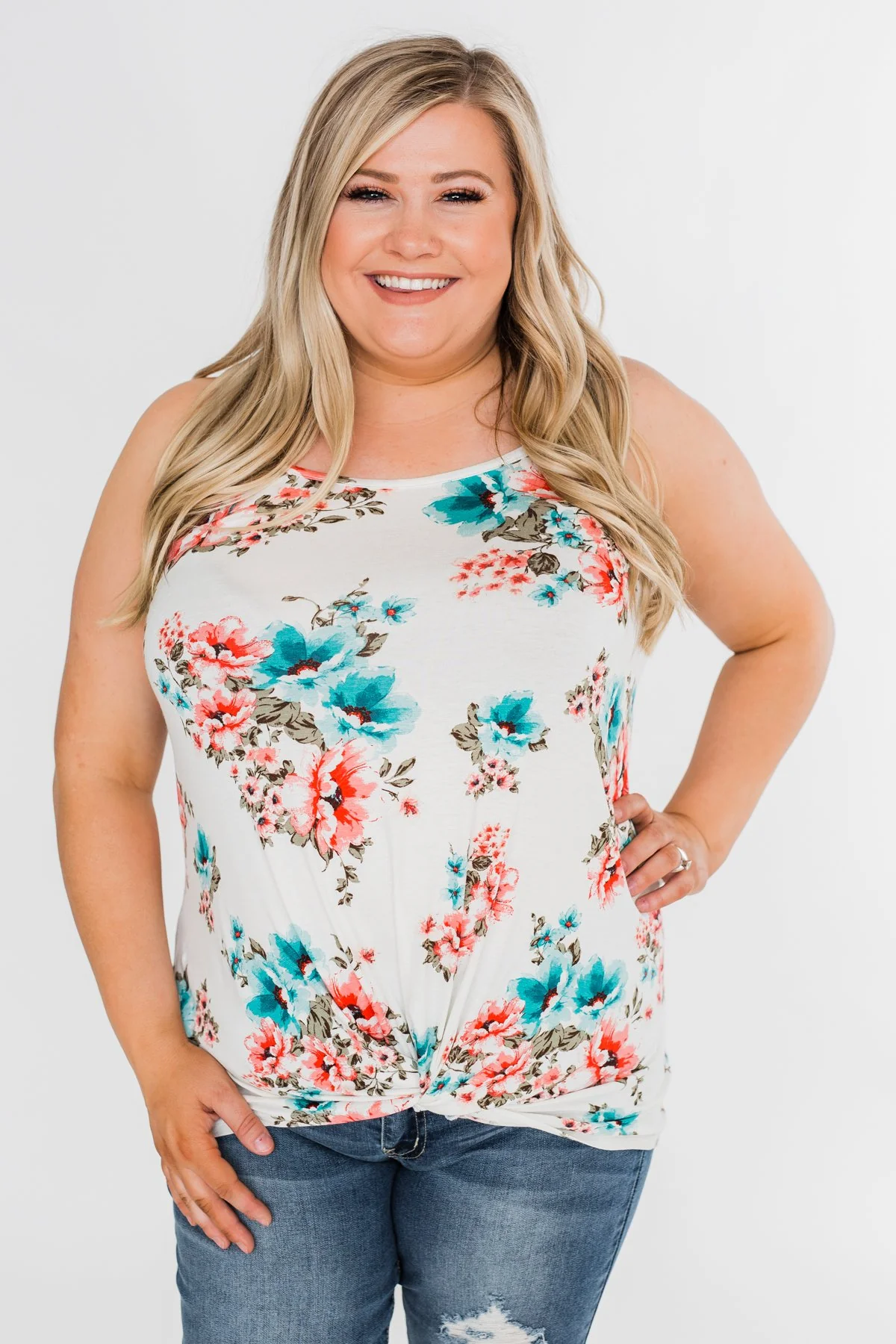 Caught Up in Floral Twist Tank Top- Ivory - Image 2