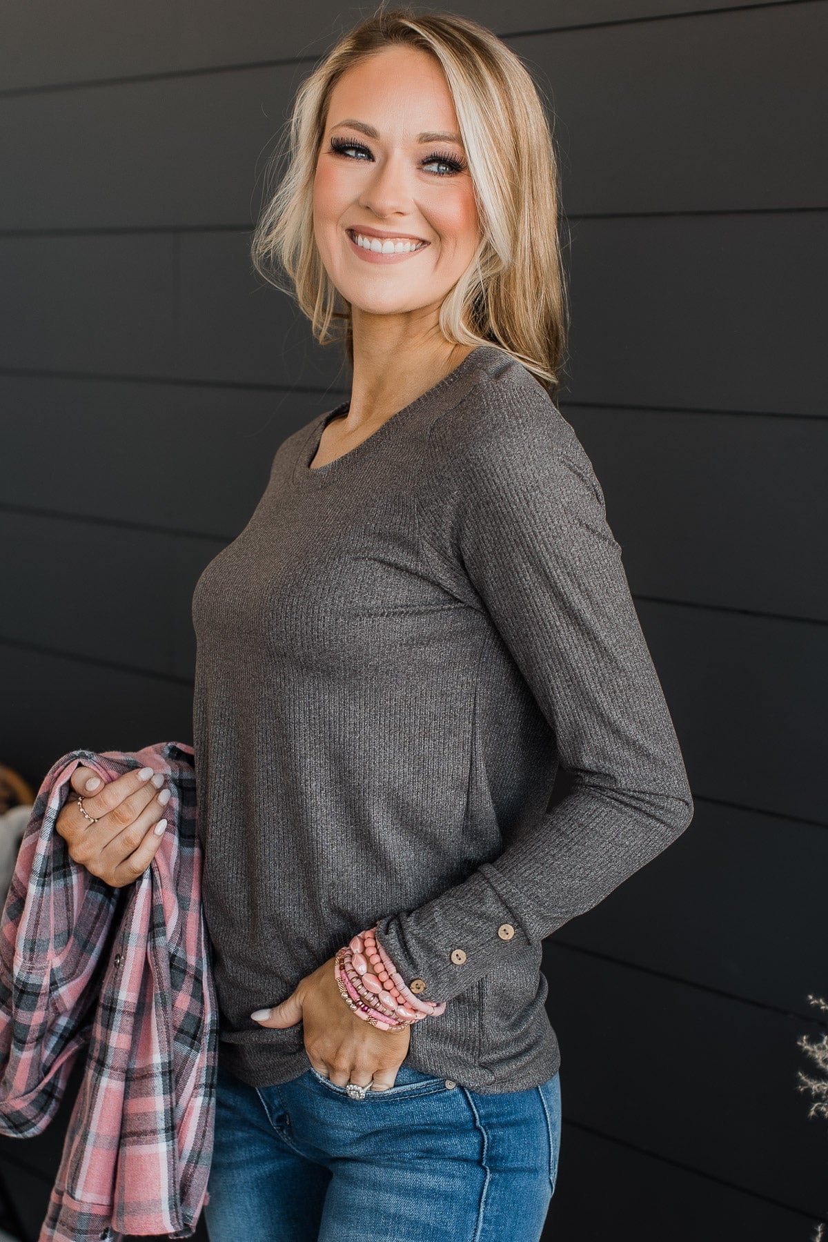 Caught Up In Love Knit Top- Charcoal - Image 6