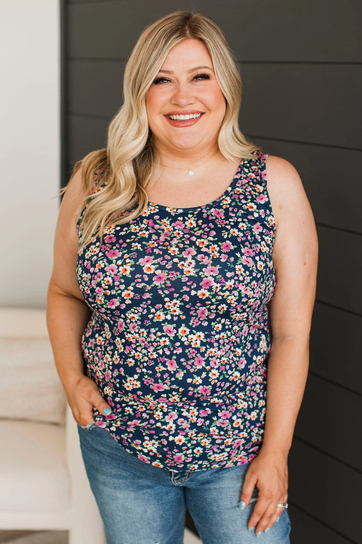 Caught Your Smile Floral Tank Top- Navy