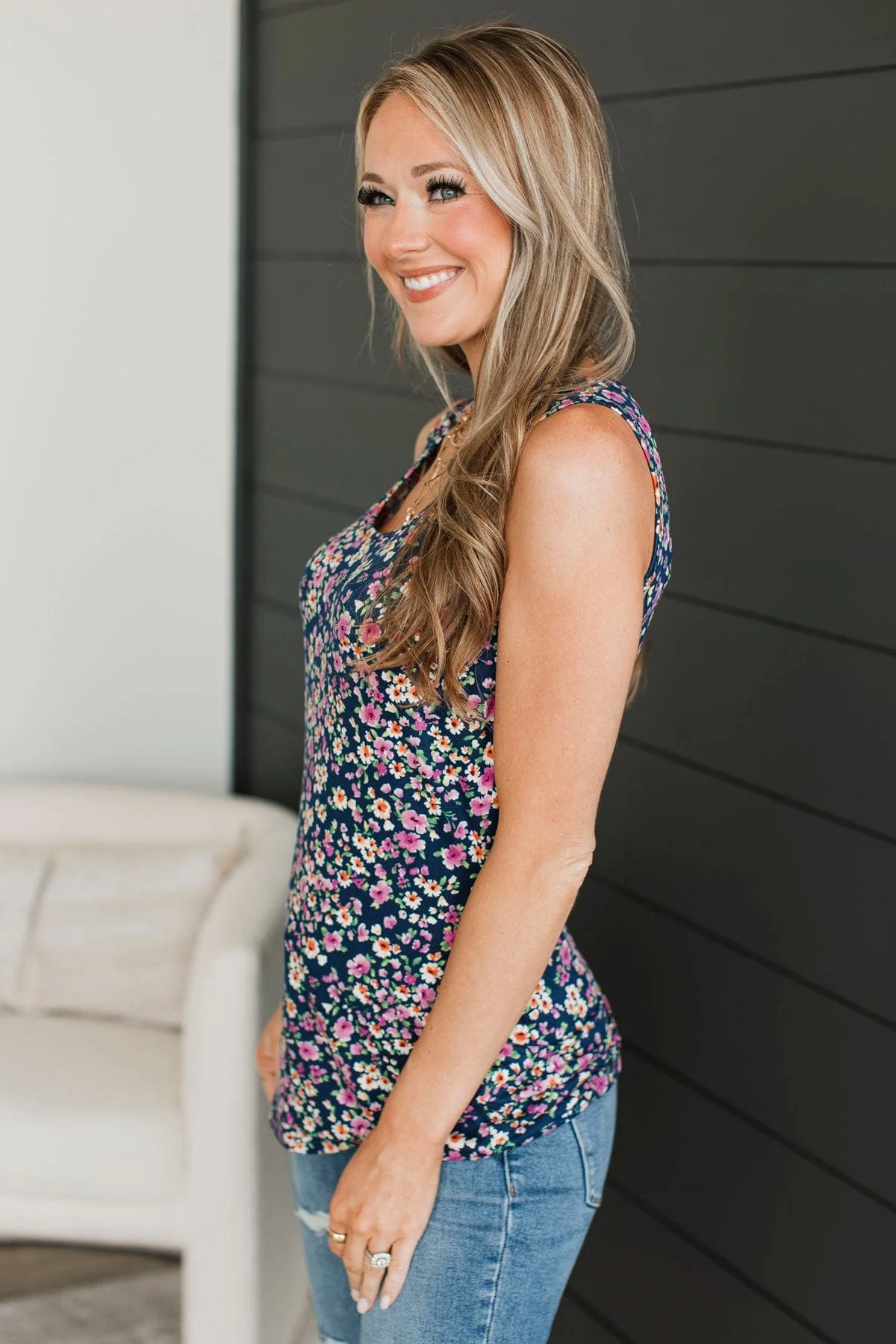 Caught Your Smile Floral Tank Top- Navy - Image 6