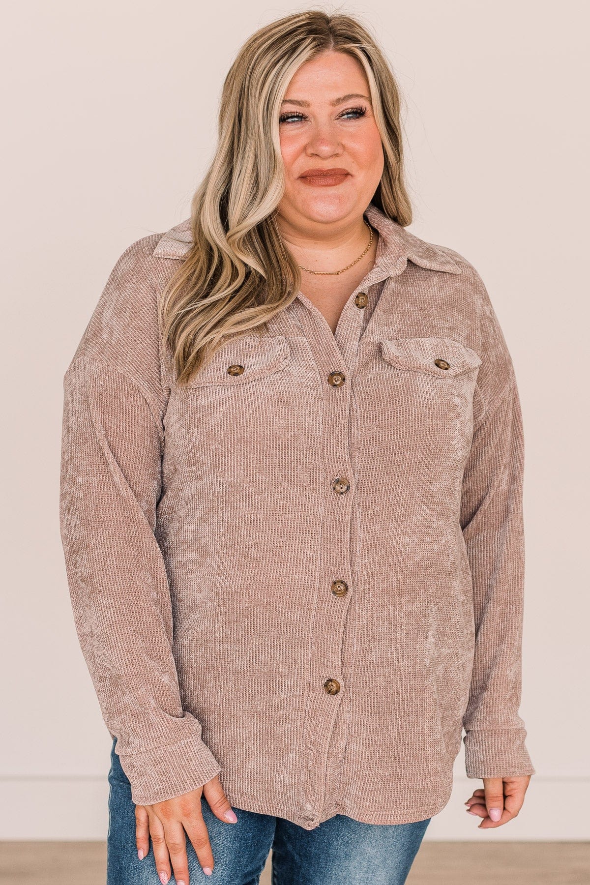 Cause For Applause Knit Button Top- Light Mocha - Image 4