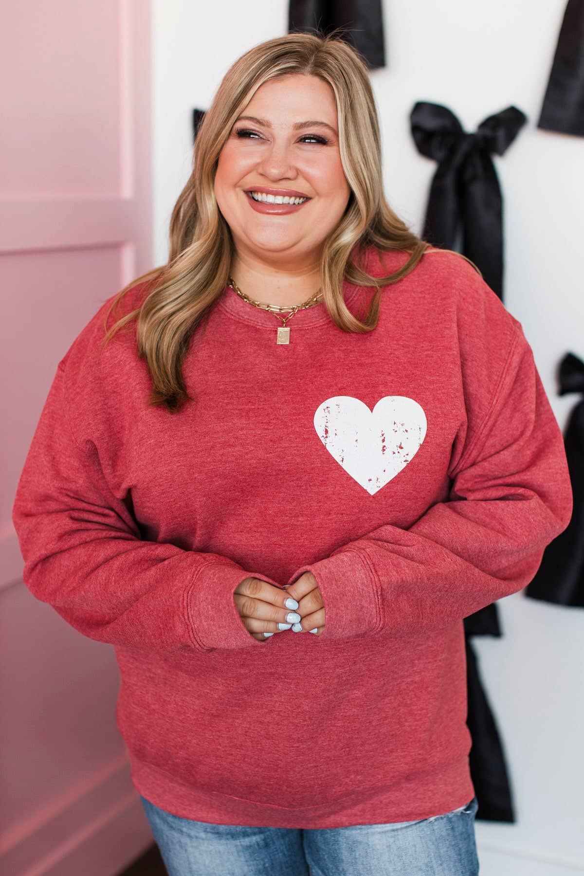 Celebrate Love Heart Crew Neck Pullover- Heather Red - Image 4