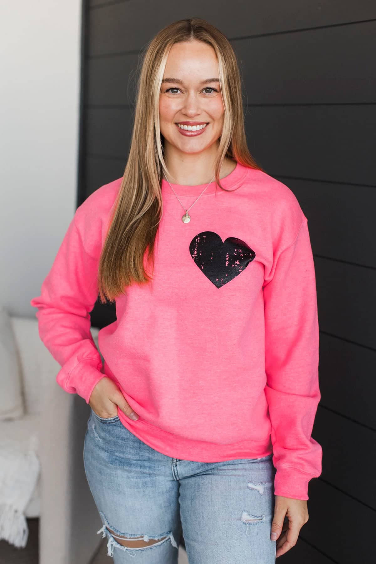Celebrate Love Heart Crew Neck Pullover- Neon Pink - Image 2