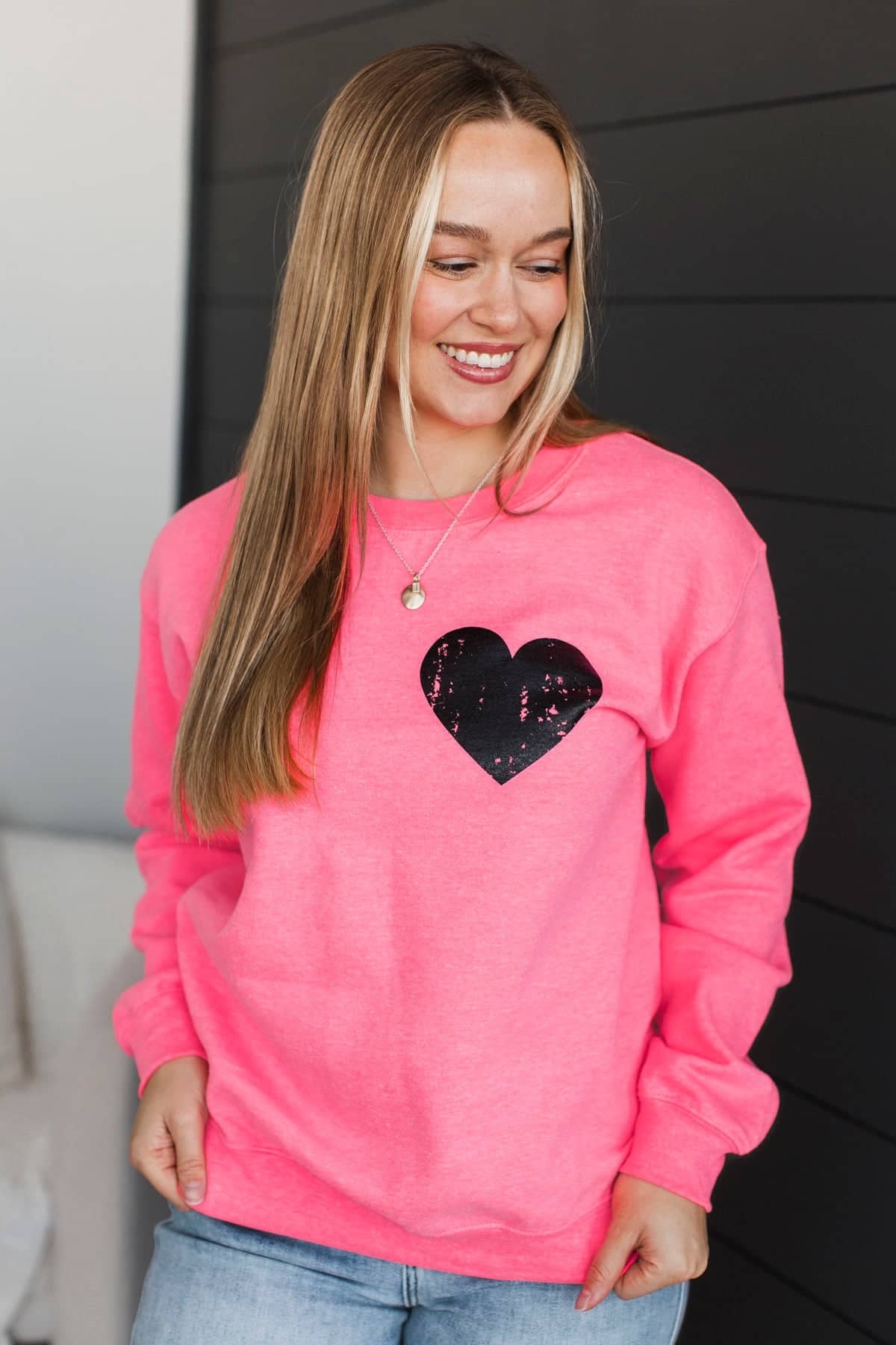 Celebrate Love Heart Crew Neck Pullover- Neon Pink - Image 4