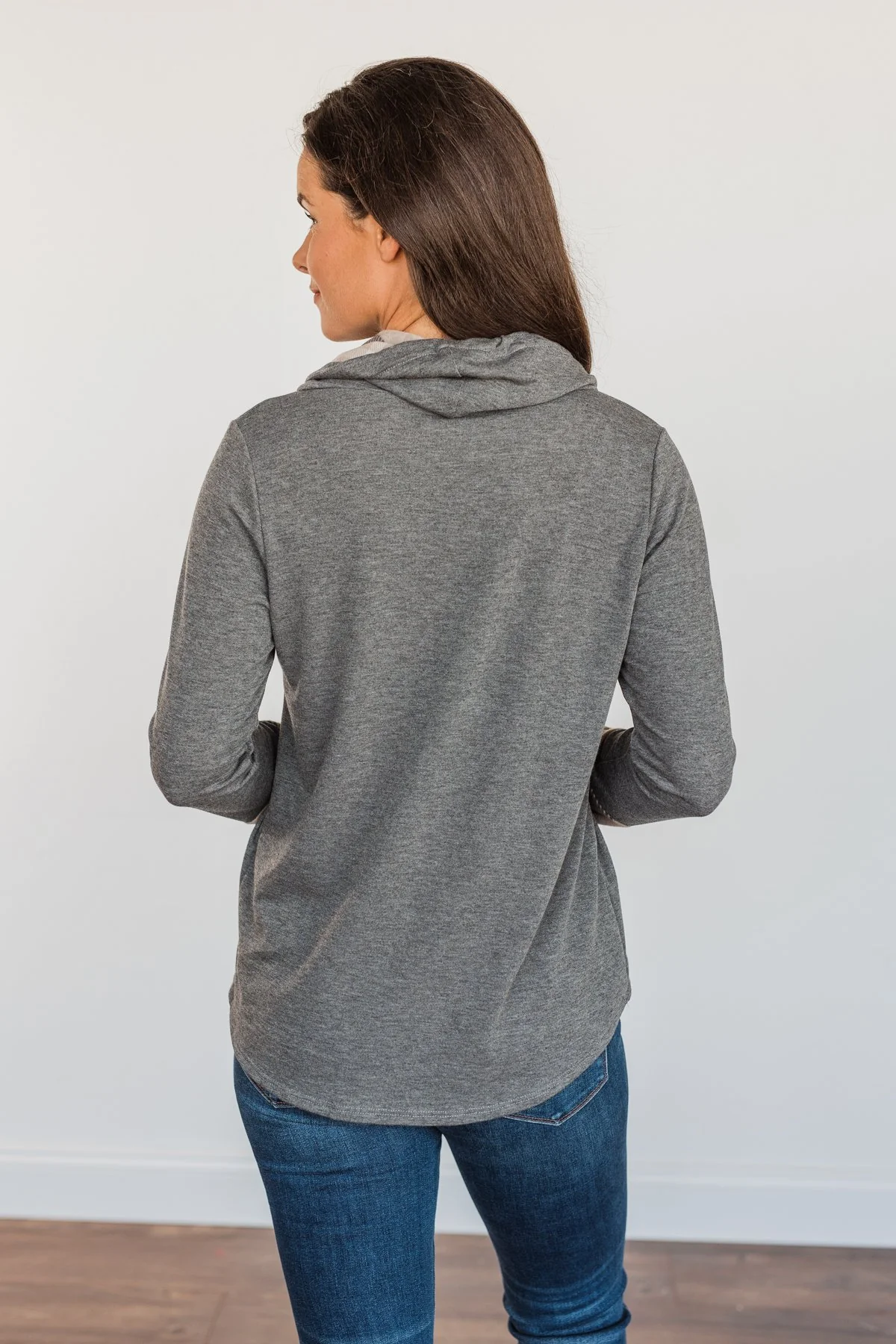 Celebrate The Season Cowl Neck Top- Charcoal & Taupe - Image 12
