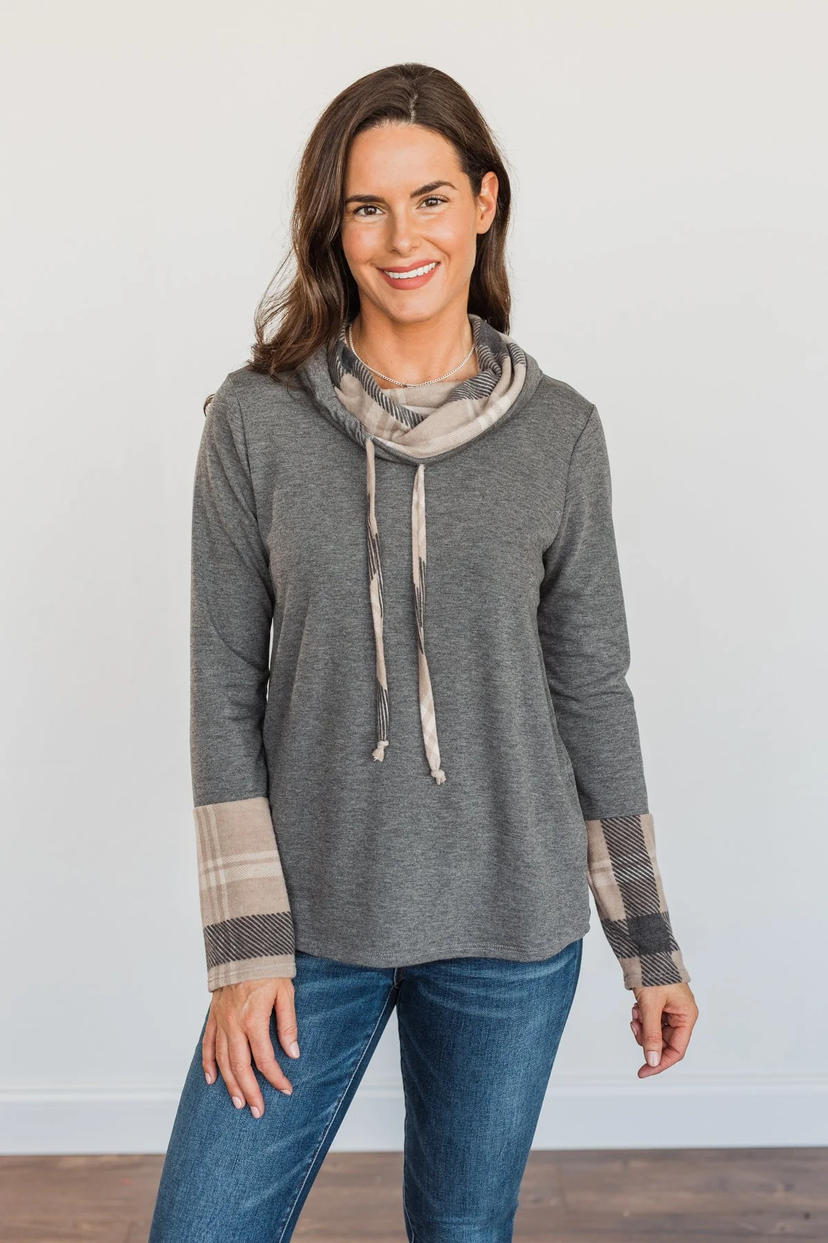 Celebrate The Season Cowl Neck Top- Charcoal & Taupe - Image 6