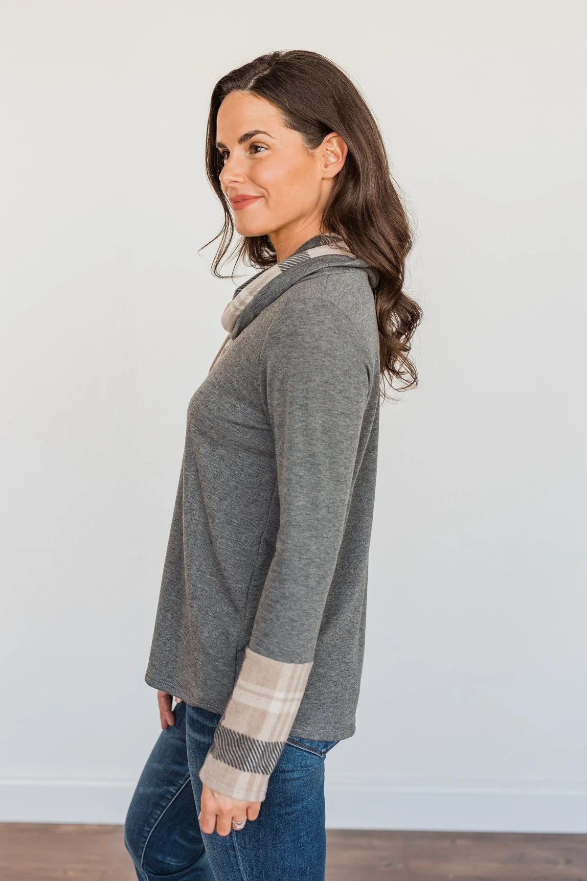 Celebrate The Season Cowl Neck Top- Charcoal & Taupe - Image 8