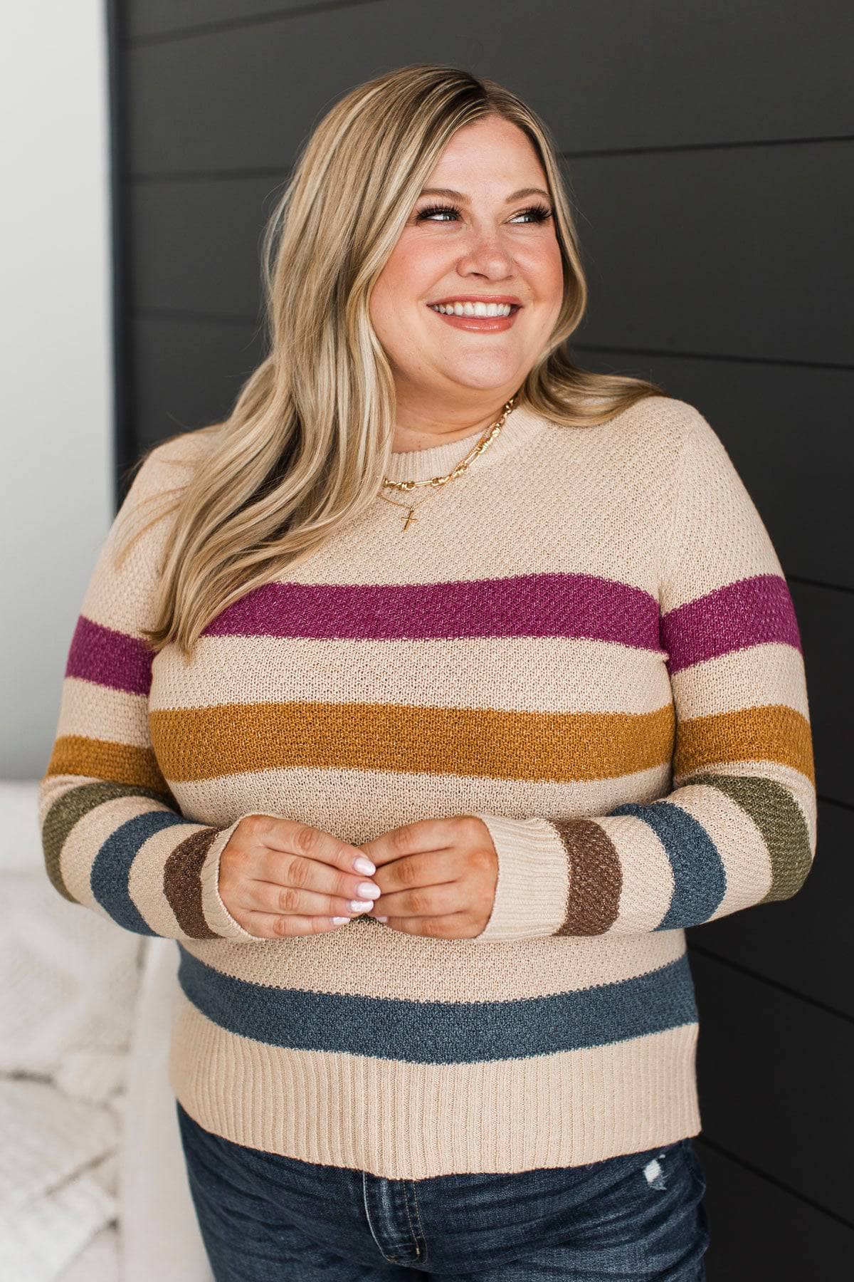 Celebratory Moments Striped Knit Sweater- Light Taupe - Image 4