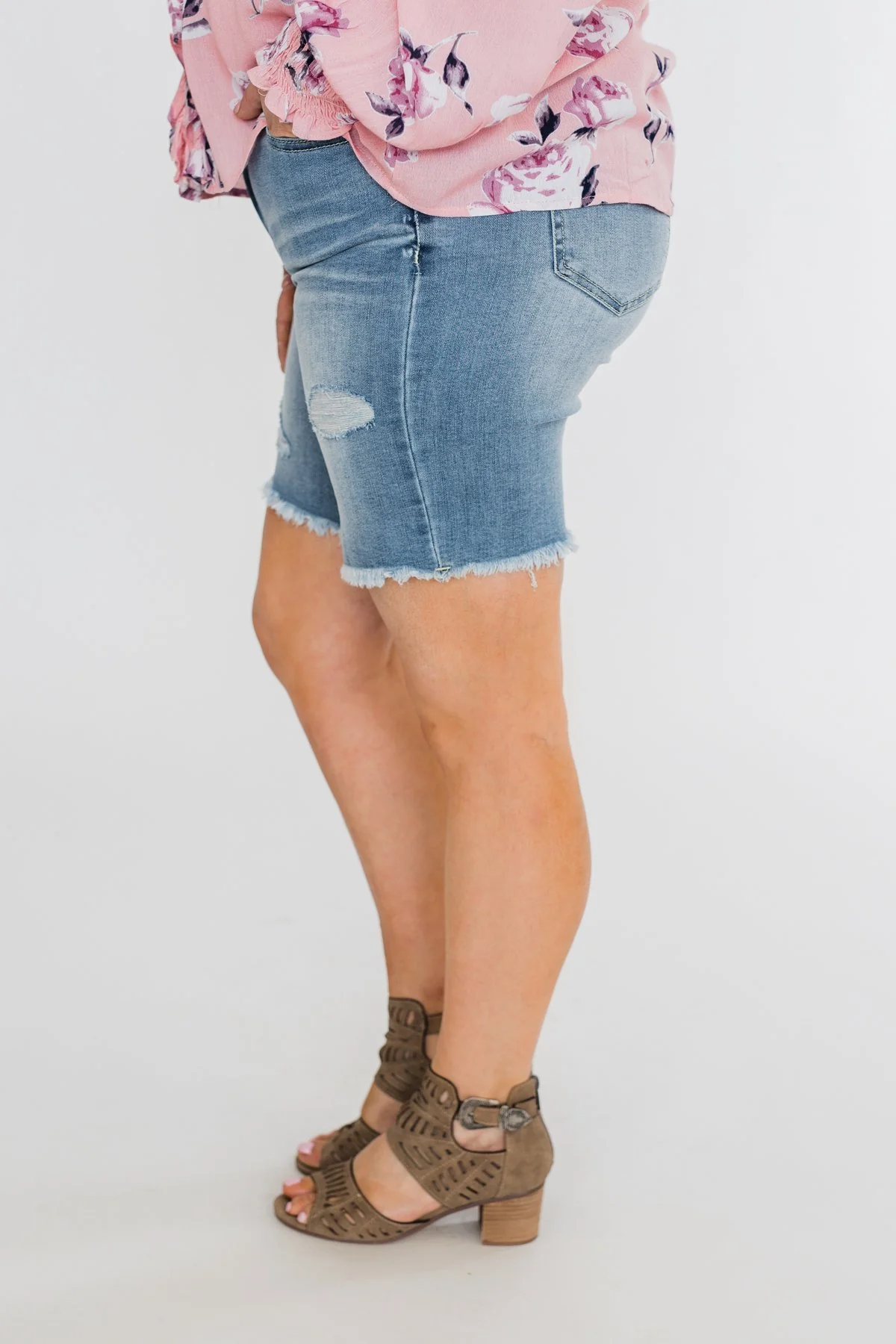 Celebrity Pink Frayed Hem Bermuda Shorts- Light Wash - Image 10