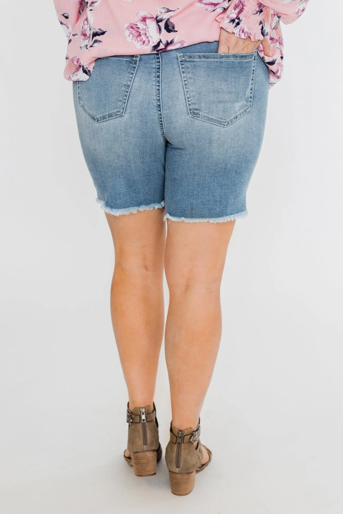 Celebrity Pink Frayed Hem Bermuda Shorts- Light Wash - Image 11