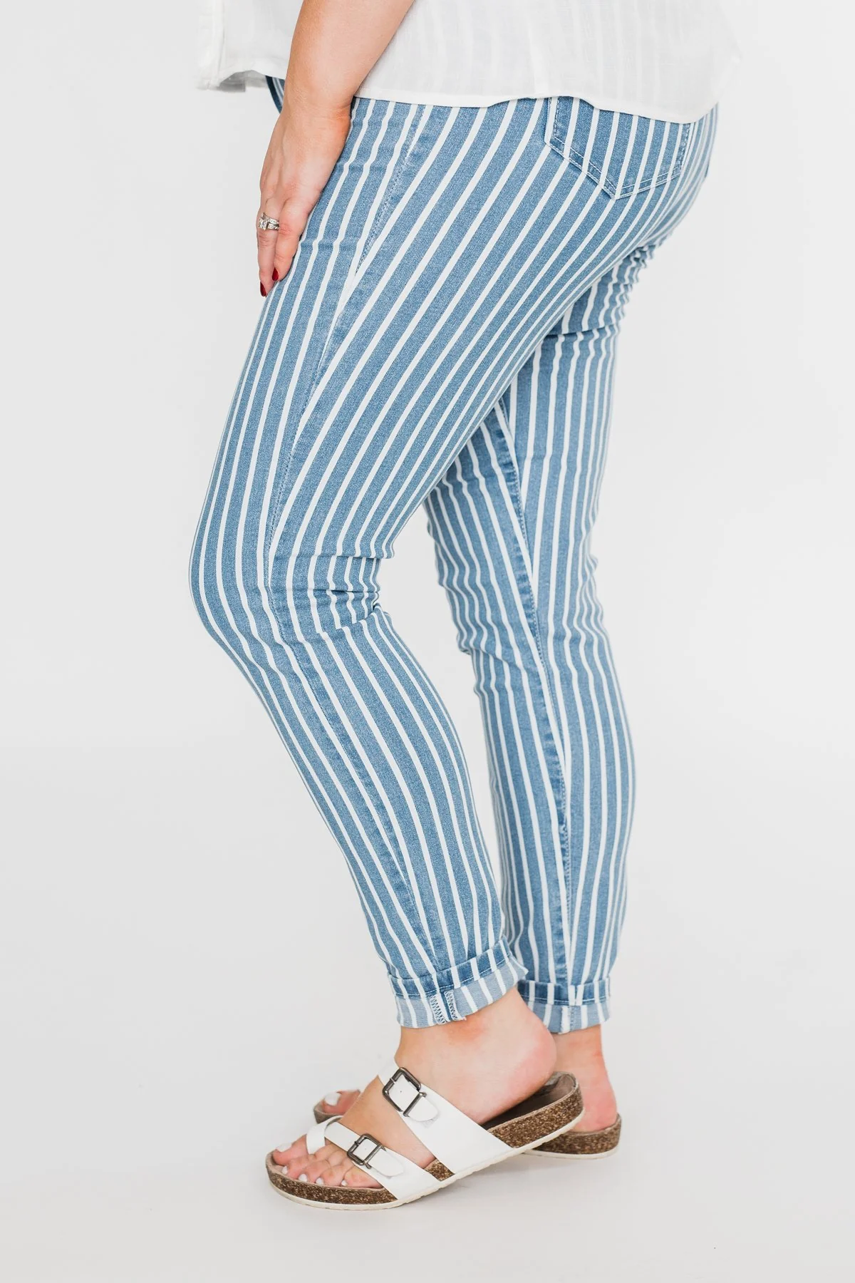 Celebrity Pink Striped Skinny Jeans- Medium Blue Wash - Image 9