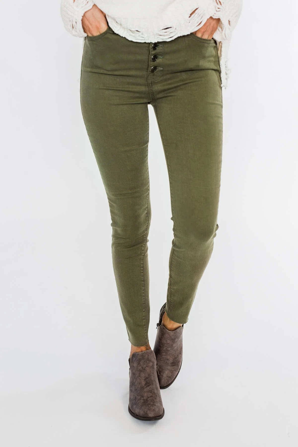 Cello Button Fly Skinny Jeans- Olive - Image 5