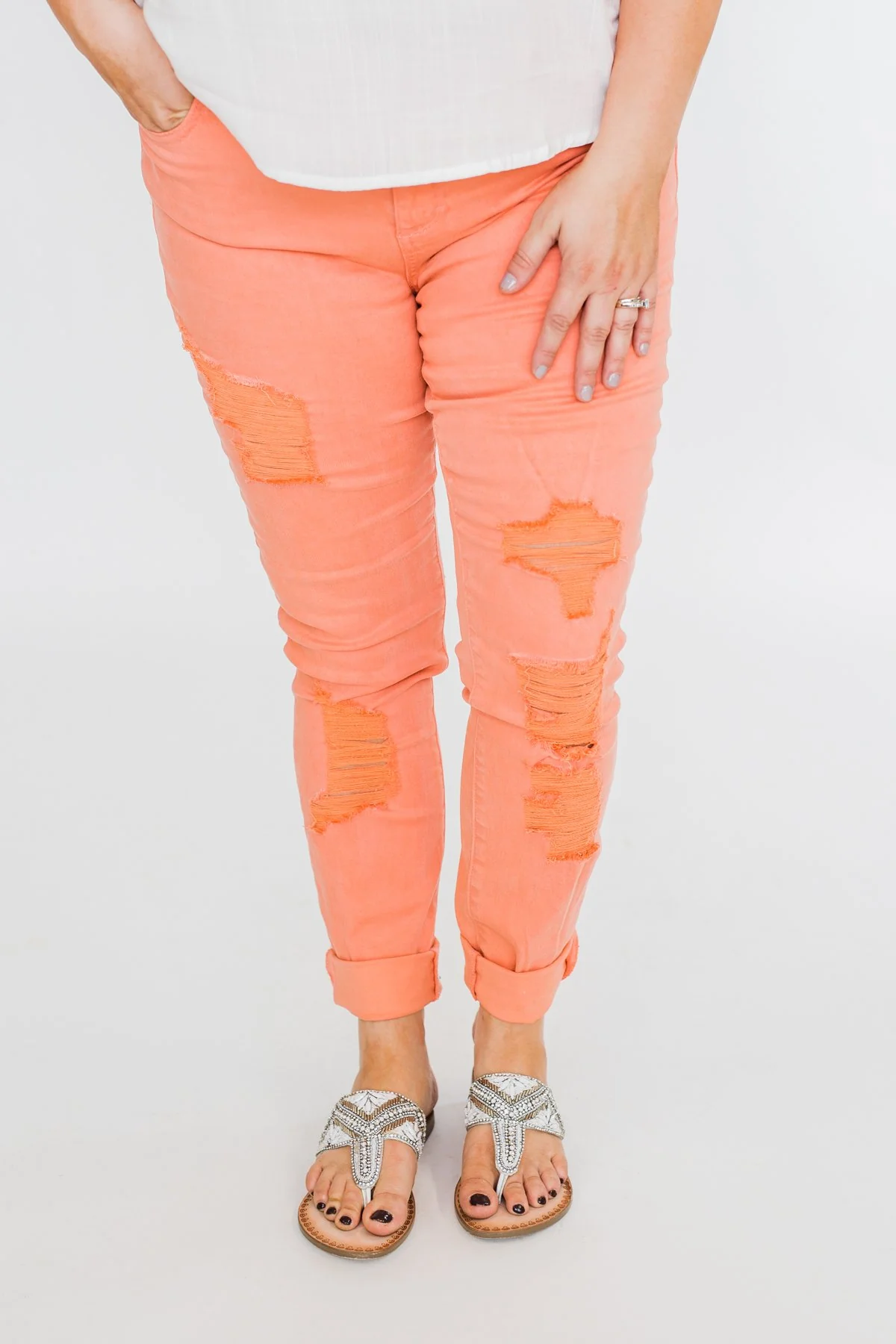 Cello Distressed Colored Skinny Jeans- Peach - Image 5