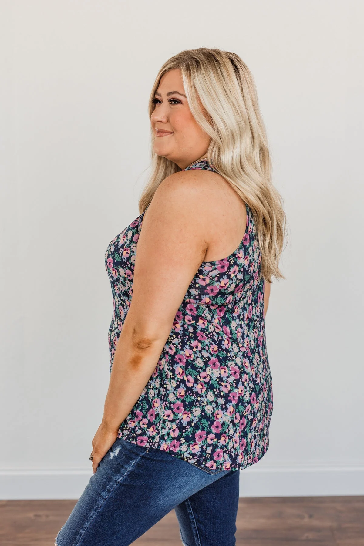 Center Of Attention Floral Tank Top- Navy - Image 11