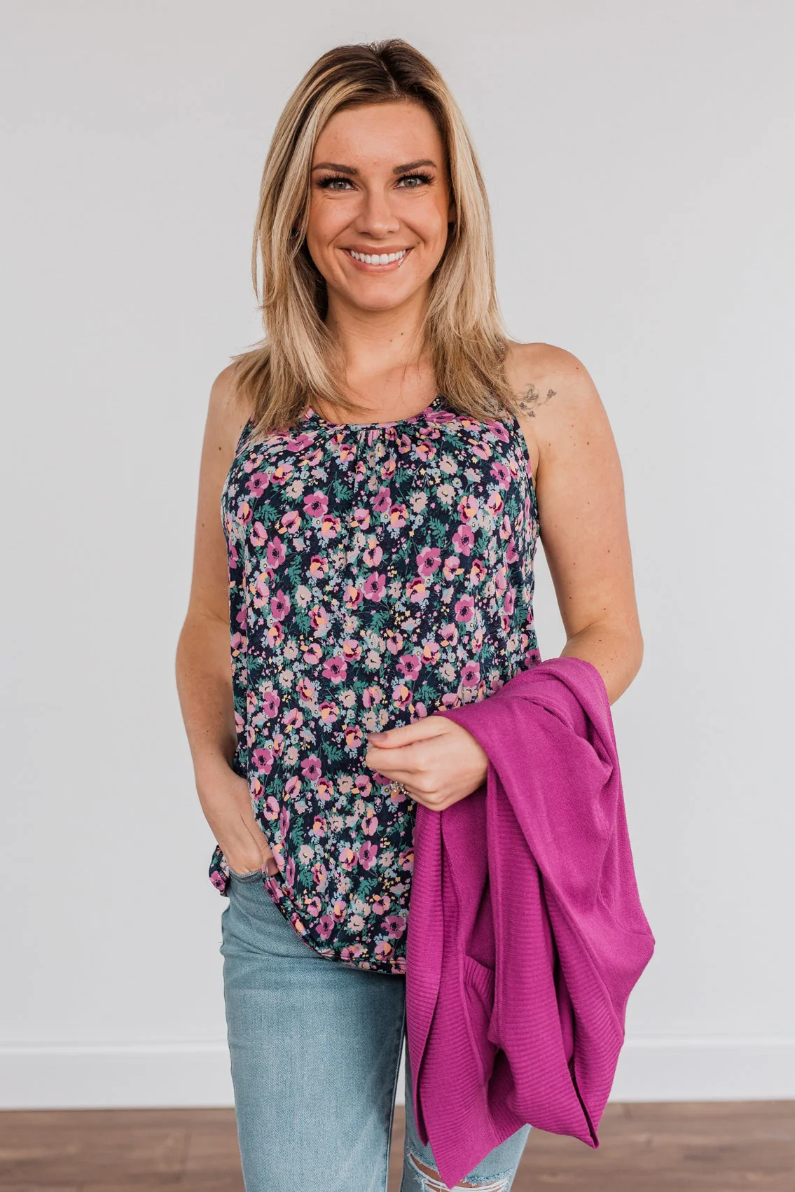 Center Of Attention Floral Tank Top- Navy - Image 2