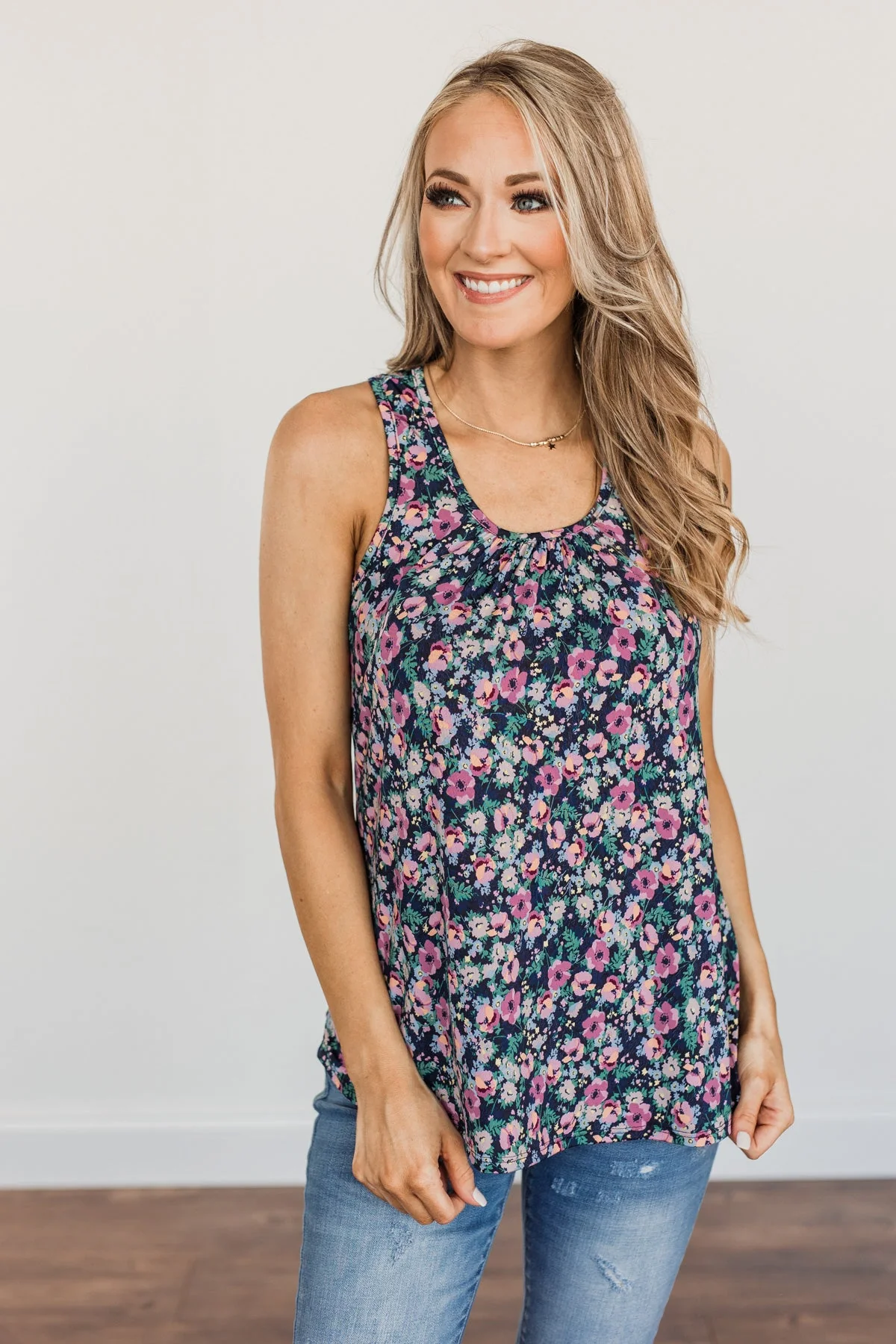 Center Of Attention Floral Tank Top- Navy - Image 4