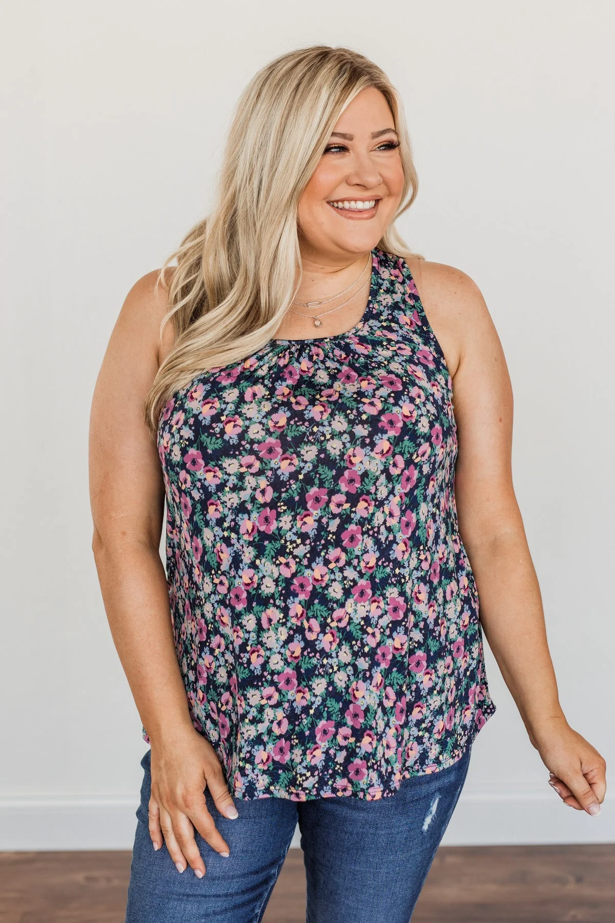Center Of Attention Floral Tank Top- Navy - Image 7