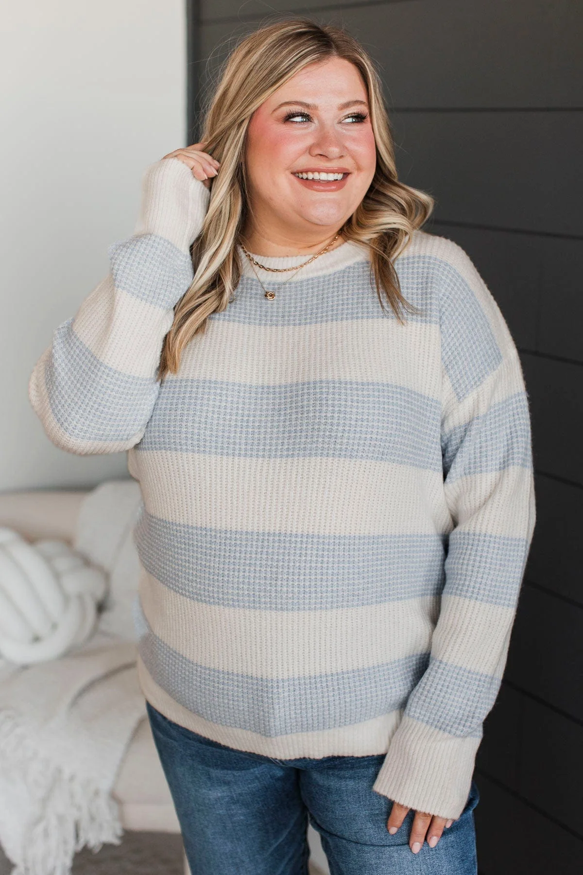 Center Of Your World Knit Sweater- Ivory & Chambray - Image 3